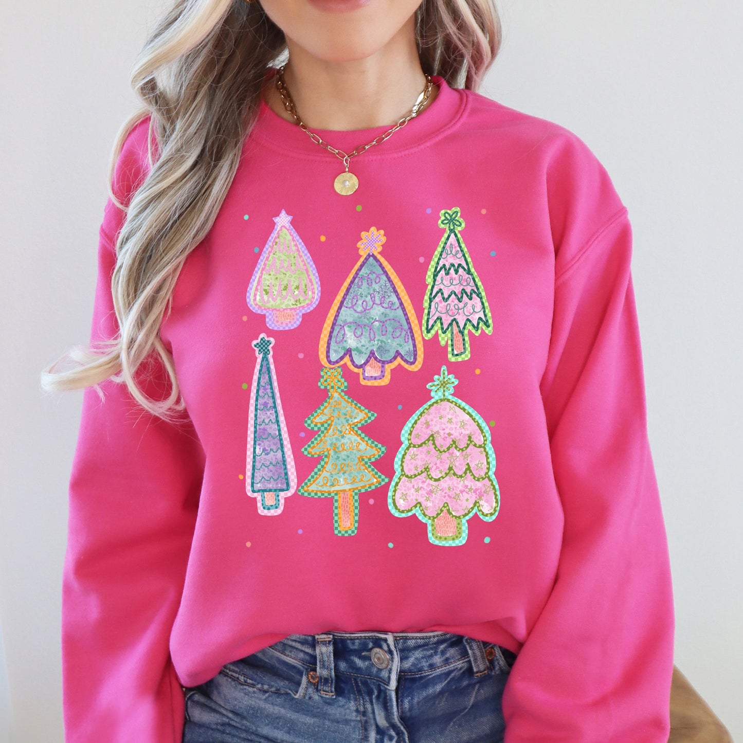 Bright Pink Colorful Christmas Tree, Pastels, Retro, Drawn Sweatshirt