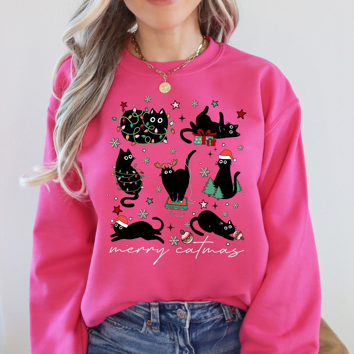 Bright Pink Merry Catmas, Christmas, Cat Lover, Santa, Pets Sweatshirt
