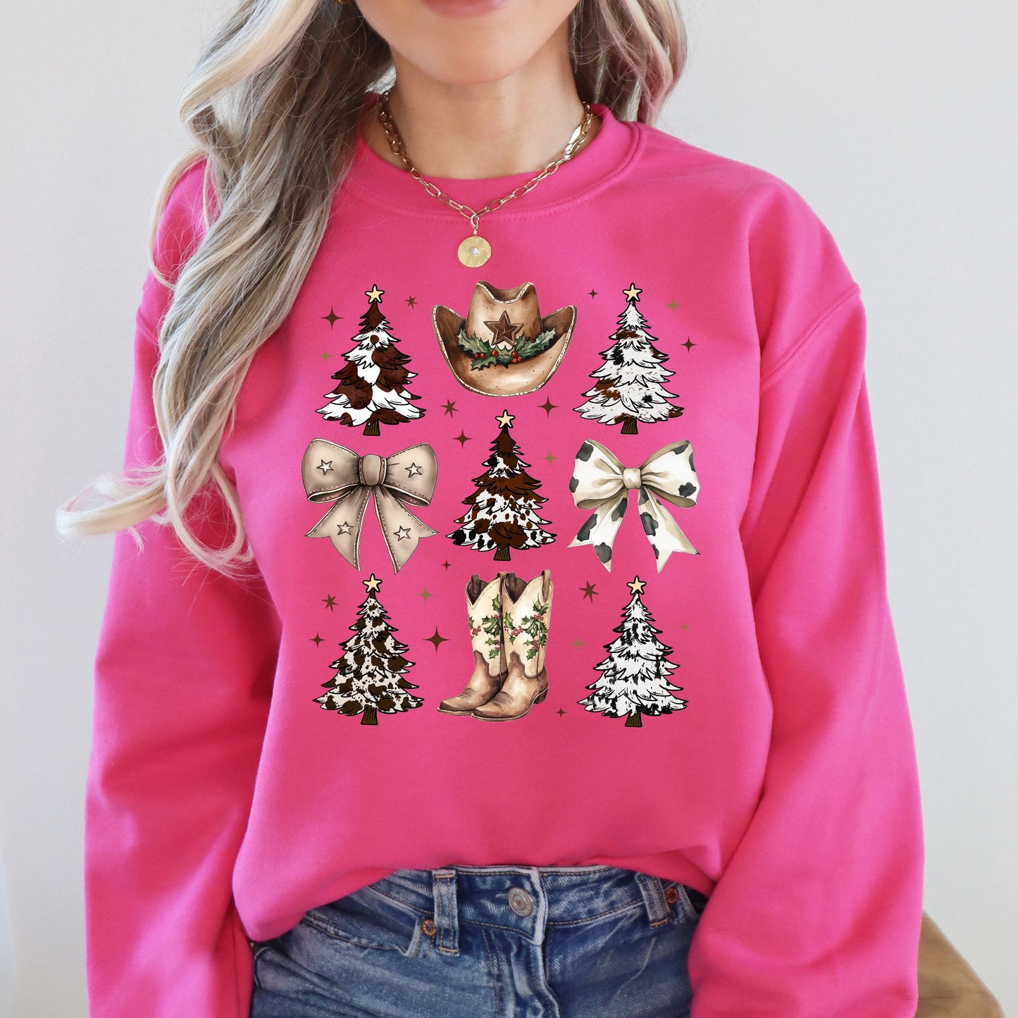 Bright Pink Cowboy Christmas, Western, Christmas Trees, Cowboy Hat, Boots, Western, Country, Santa Sweatshirt
