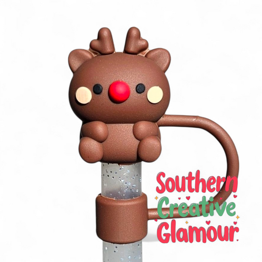 Brown Rudolph the Red Nose Reindeer 3D Christmas Present 10mm Straw Topper by Southern Creative Glamour