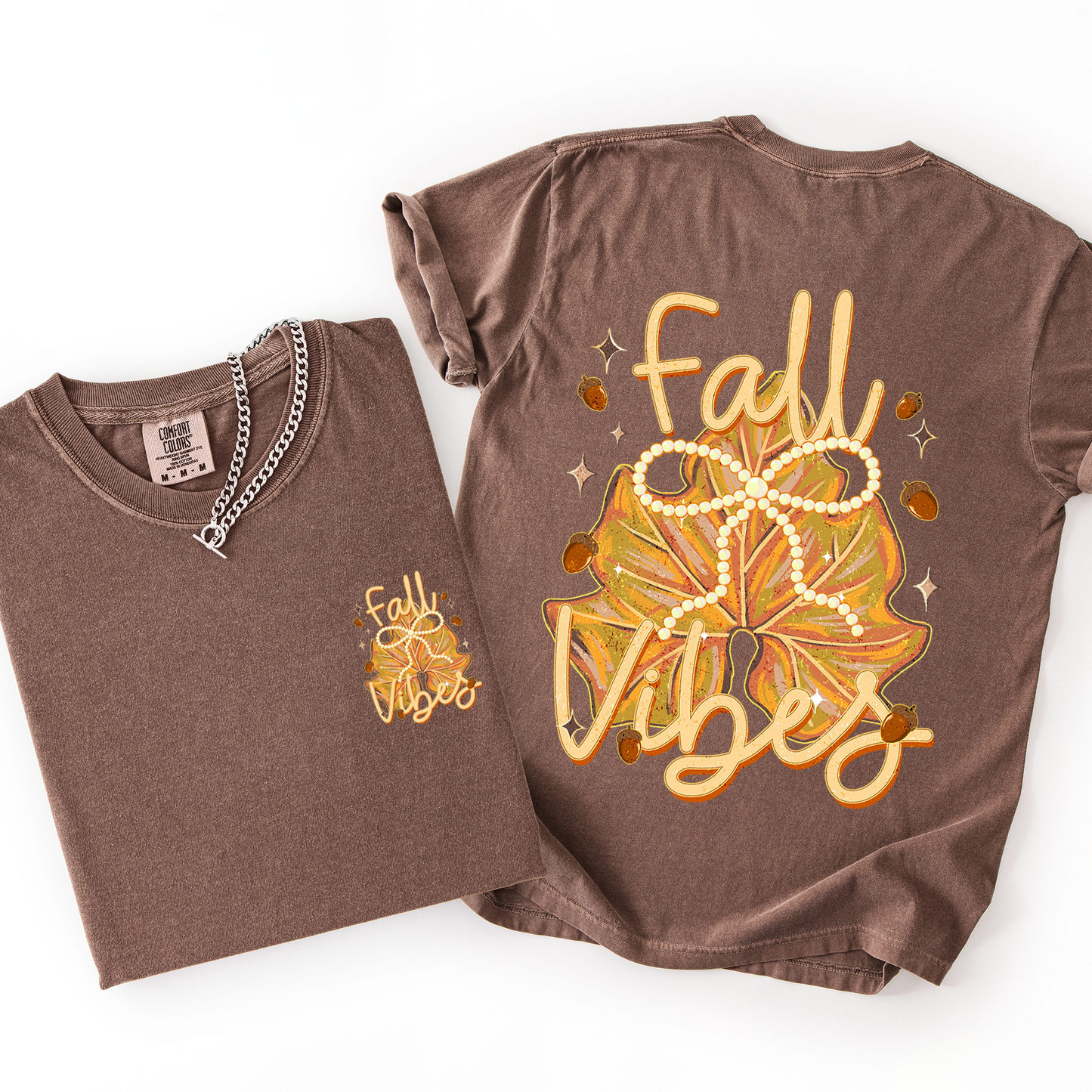 Brown and orange Fall Vibes, Coquette, Front and Back, Leaves, Autumn, Comfort Colors T-Shirt