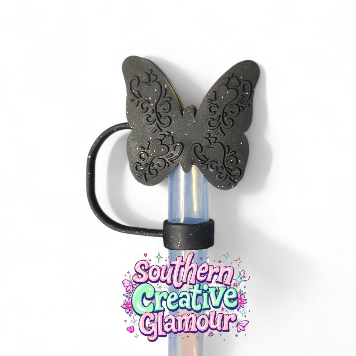 Black Glitter Butterfly 12mm Silicone Straw Topper by SouthernCreativeGlamour | Fits Brumate 