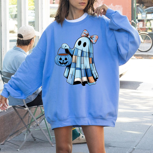 Carolina blue Cute Blue Ghost, Patchwork, Trick or Treat, Witch, Bow, Coquette, Pumpkin, Halloween, Floral, Retro, Spooky, Costume, Fall, Graphic Sweatshirt