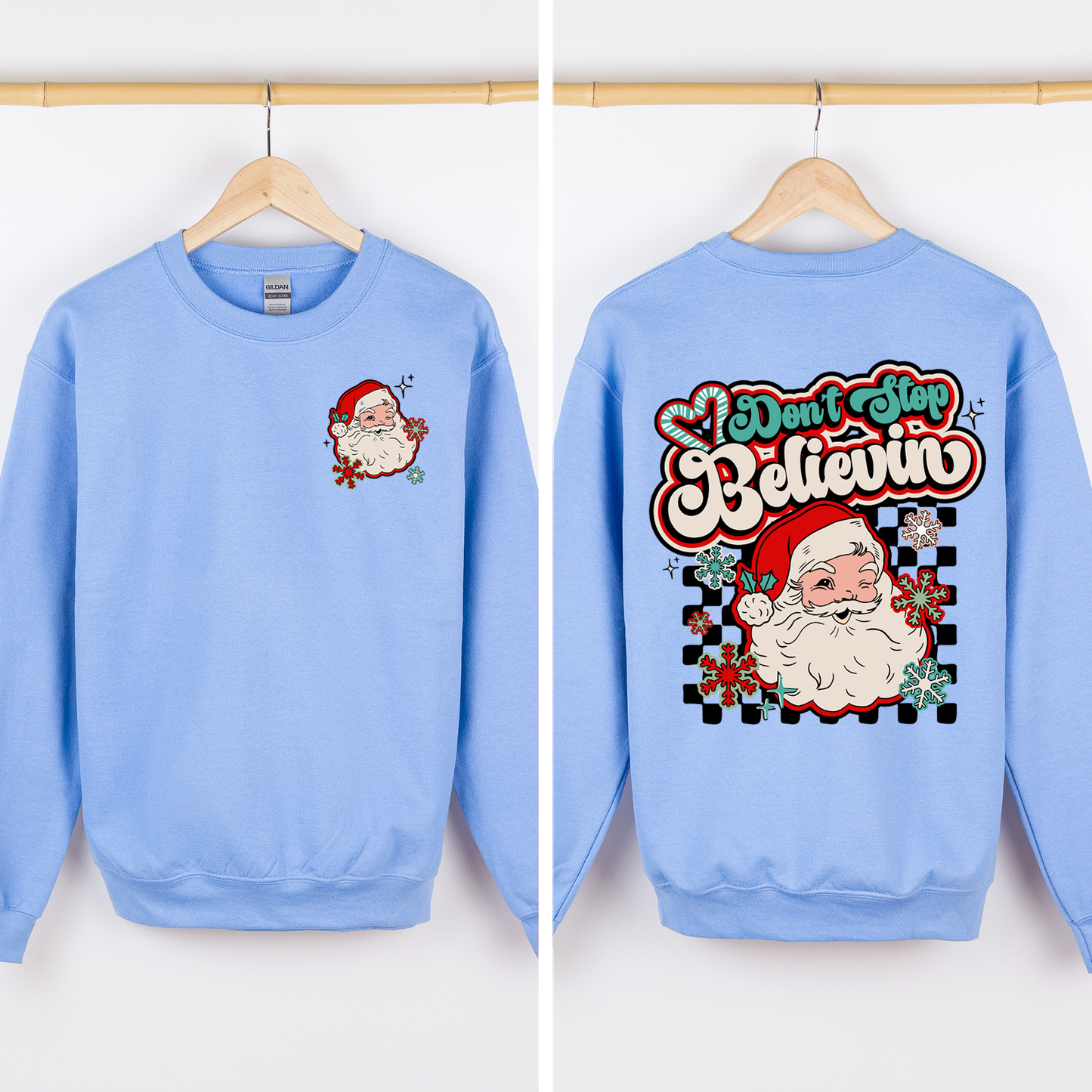 Carolina Blue Don't Stop Believin, Santa, Retro, Checkered, Christmas, Front and Back Sweatshirt