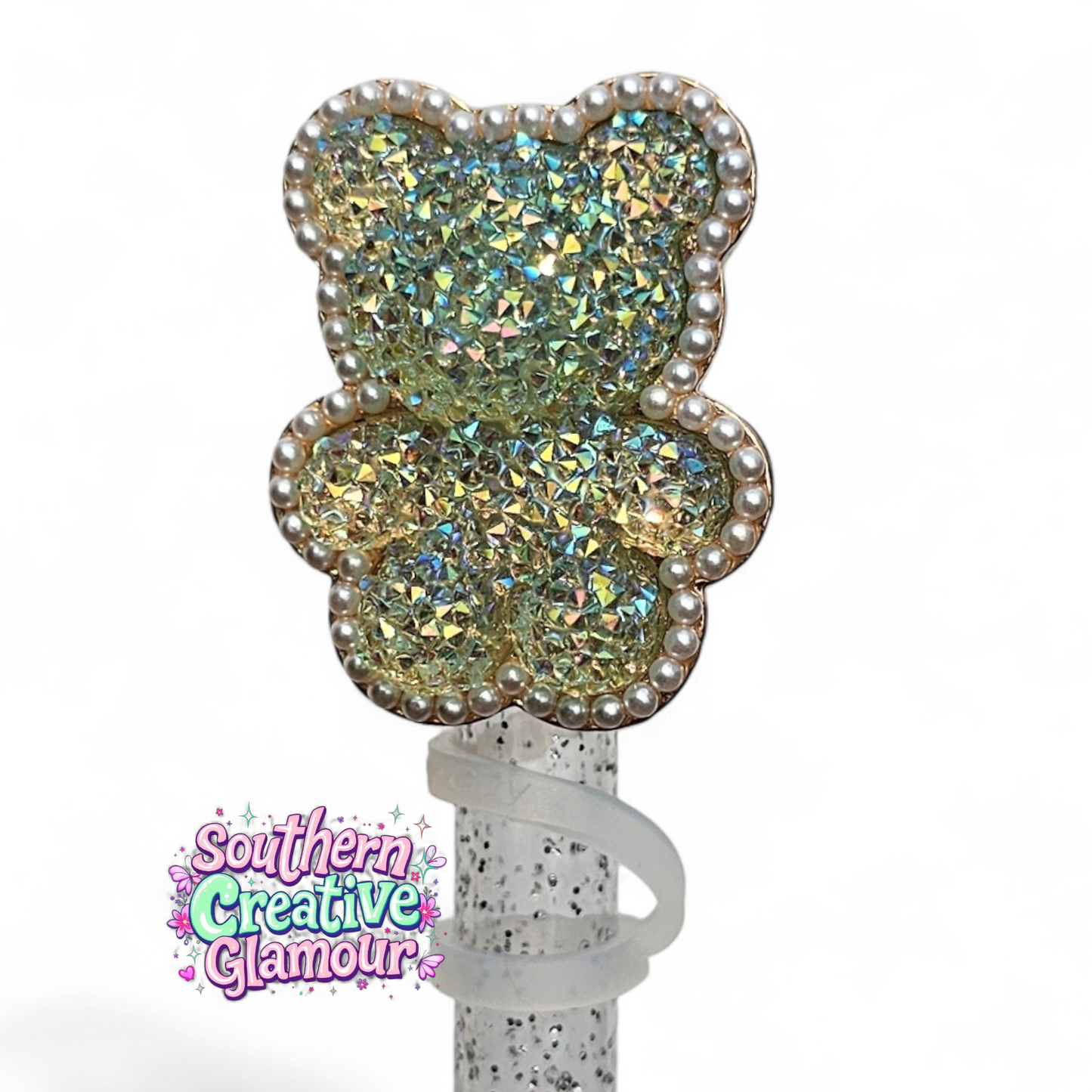 Champagne Aurora Glitter Teddy Bear 10mm Straw Topper by Southern Creative Glamour 