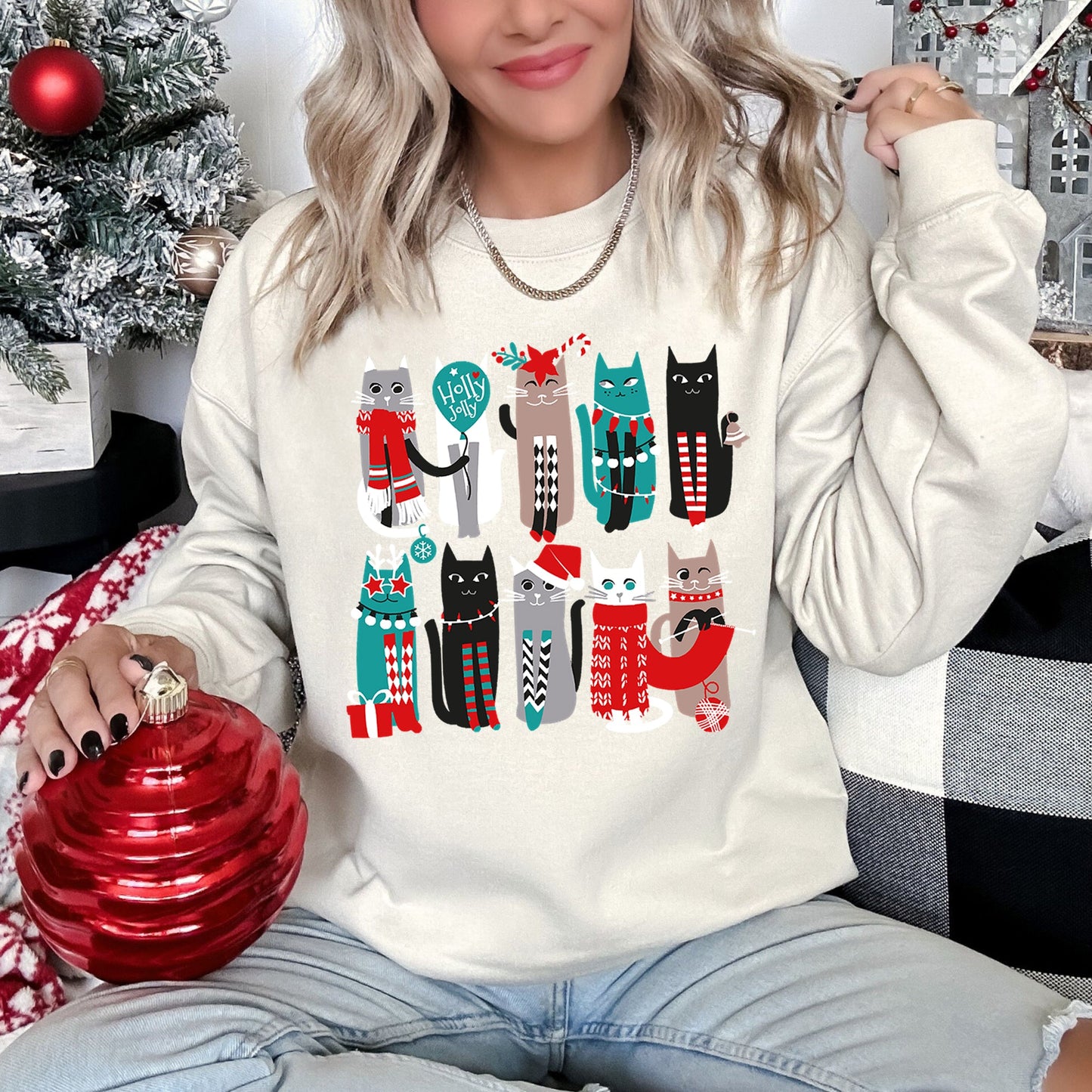 Cream Christmas Cats Cute Sweatshirt