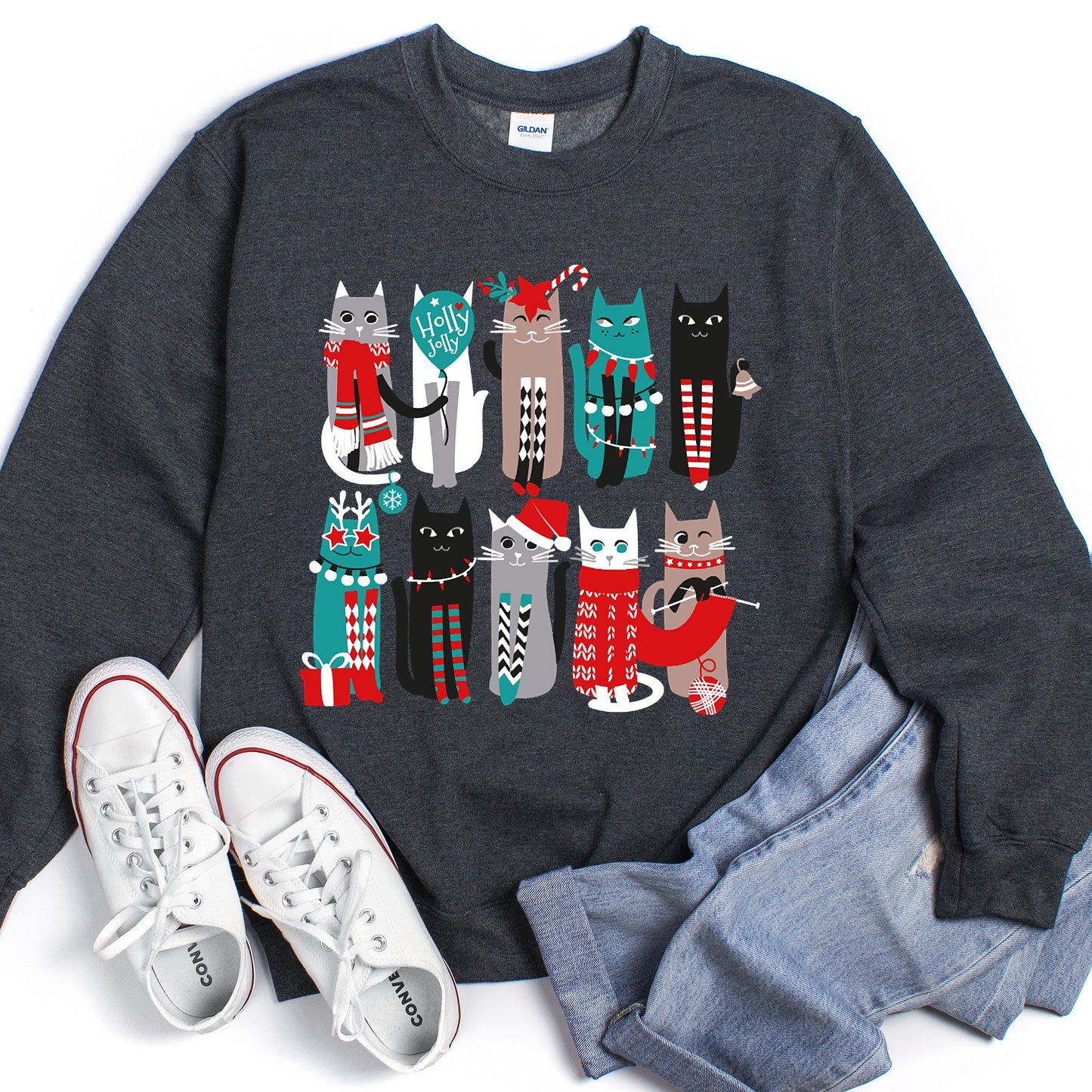 Dark Heather Gray Christmas Cats Cute Sweatshirt