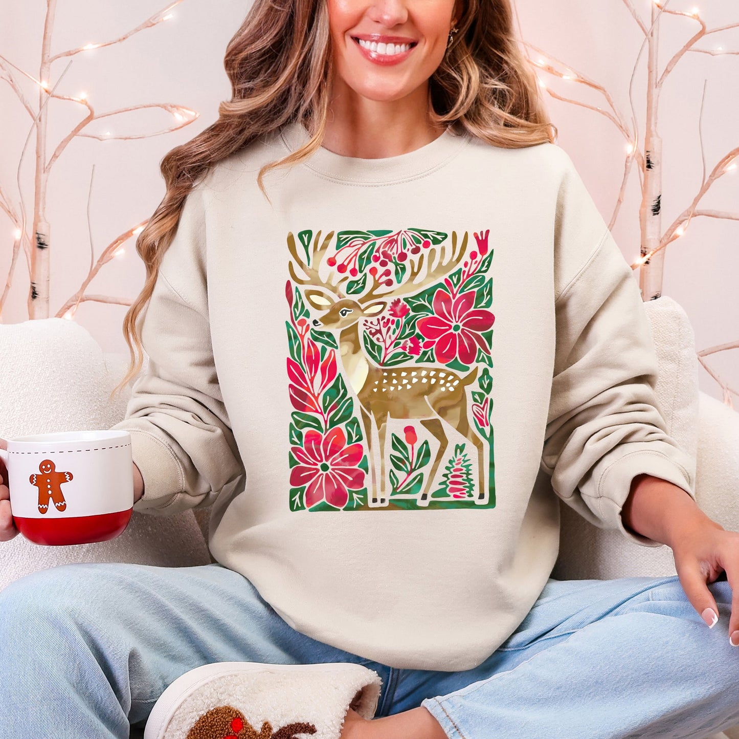 Cream, red, green Christmas Deer, Colorful, Flowers, Santa, Snow Sweatshirt