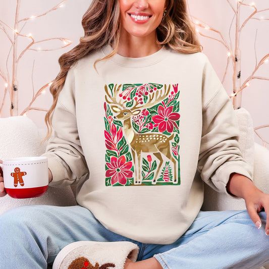 Cream, red, green Christmas Deer, Colorful, Flowers, Santa, Snow Sweatshirt