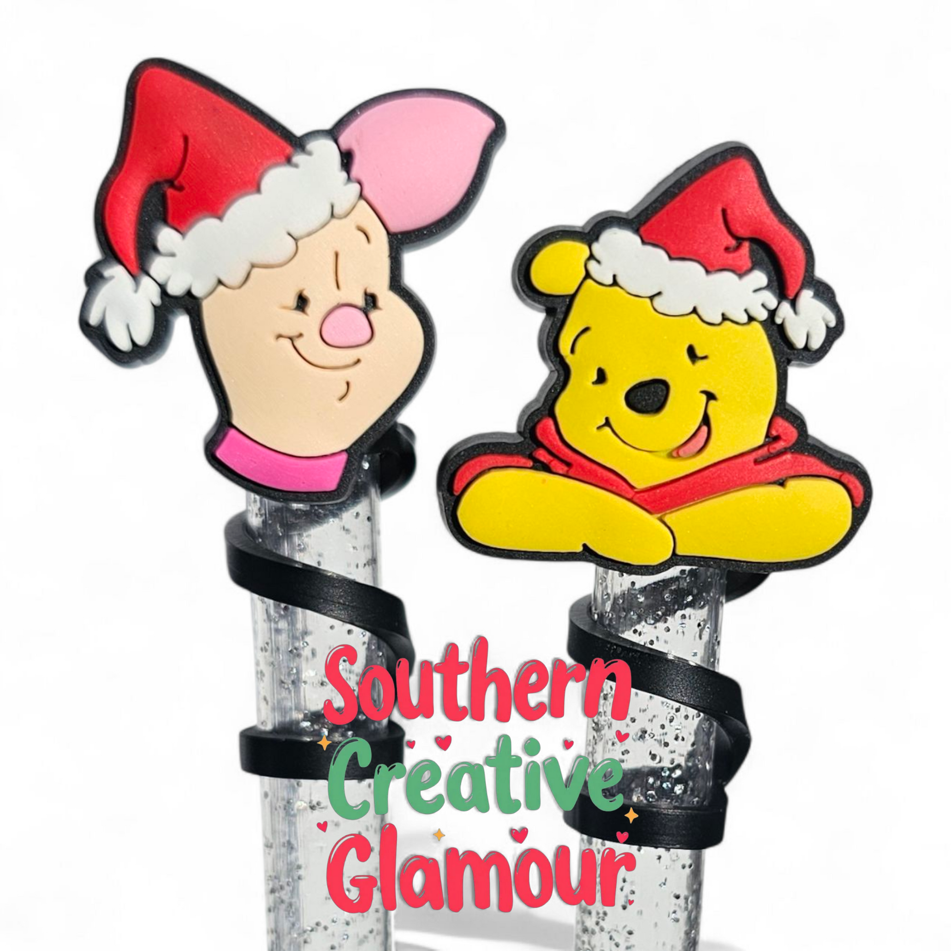 Christmas Friends 10mm Silicone Straw Topper – Pink Piglet or Honey Bear Style