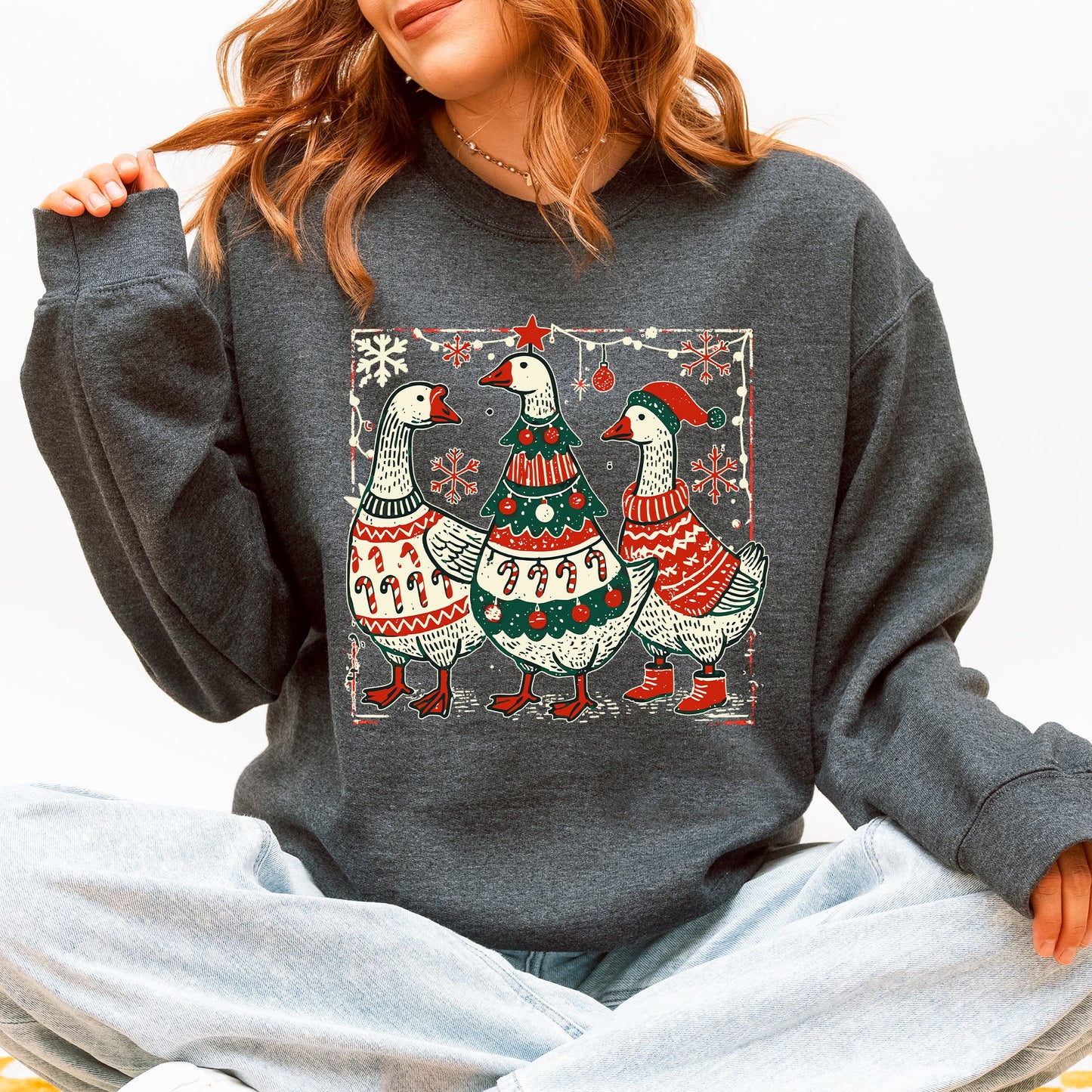 Dark Heather Gray Christmas Geese, Sweaters, Funny, Adorable, Cute, Retro Sweatshirt