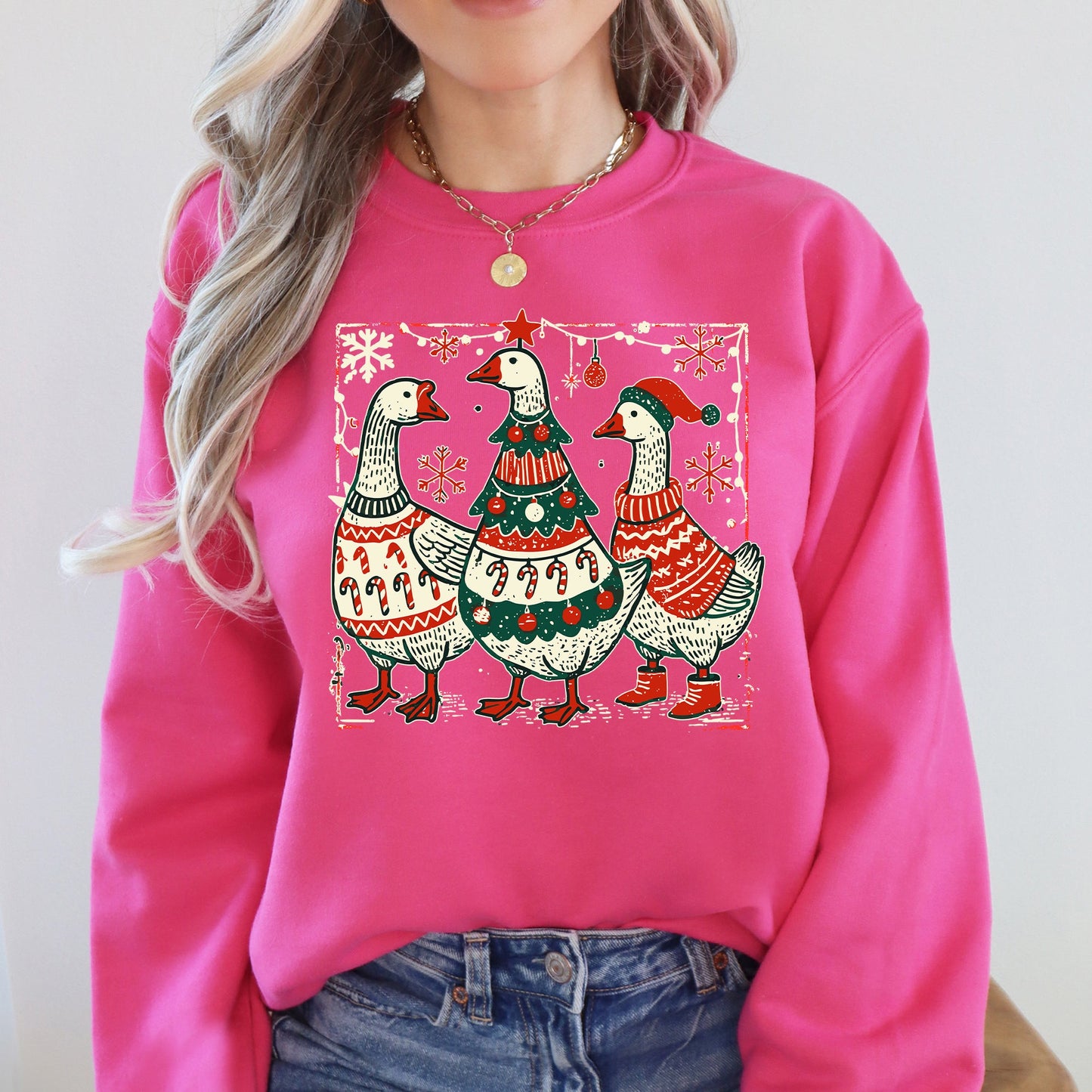 Bright pink Christmas Geese, Sweaters, Funny, Adorable, Cute, Retro Sweatshirt