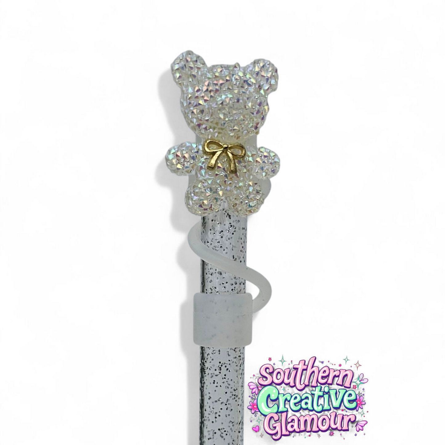 Clear silver Glitter Bow Crystal Bear 10mm Straw Topper | Tumbler Accessory by Southern Creative Glamour 