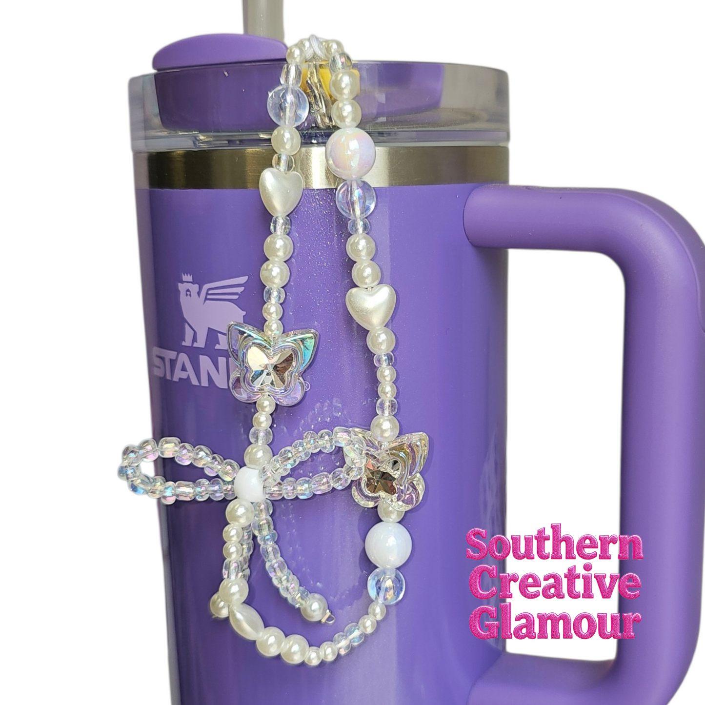 Coquette Butterfly Pearl Tumbler Charm Necklace | Iridescent Beaded Glam