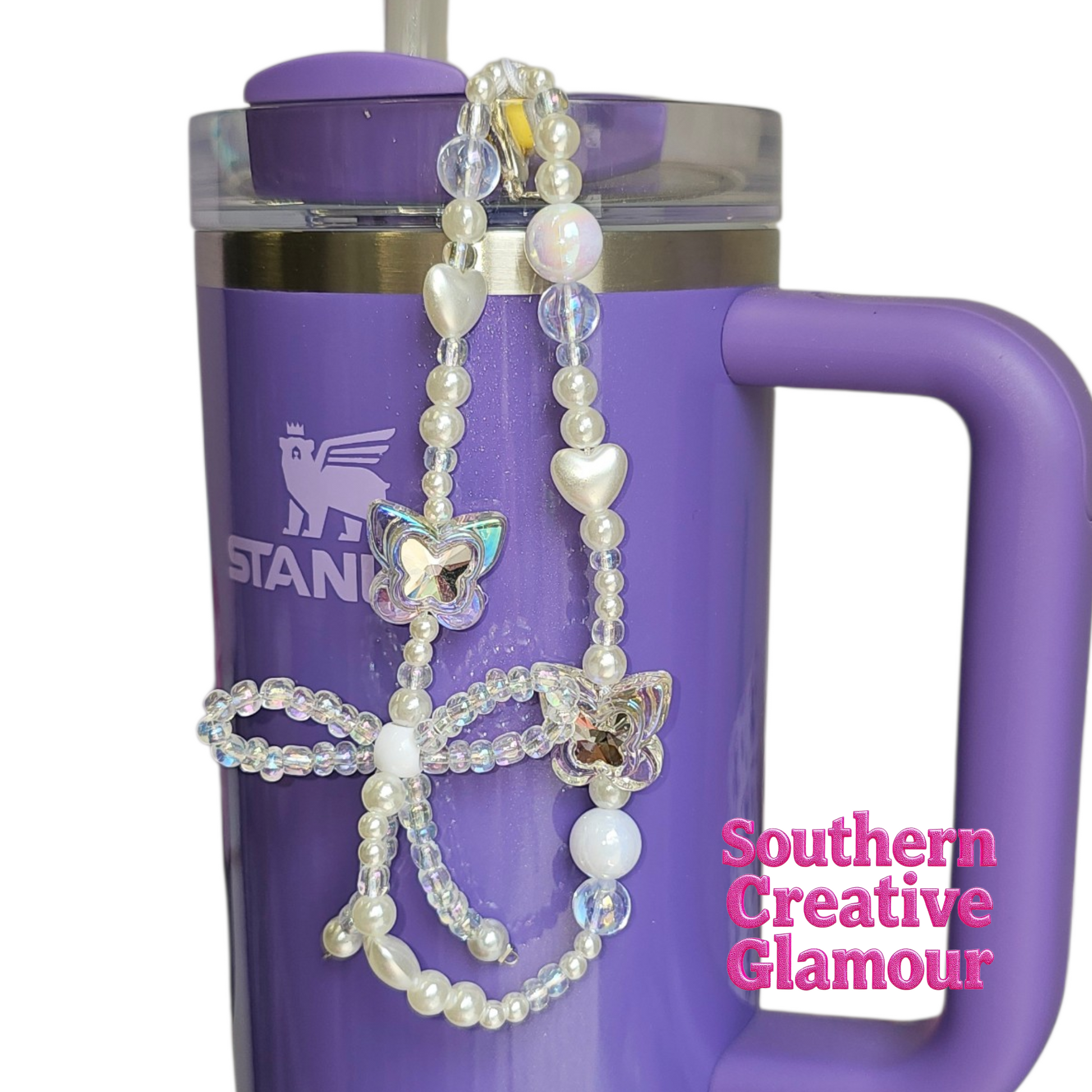 Coquette Butterfly Pearl Tumbler Charm Necklace | Iridescent Beaded Glam