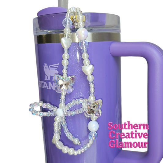 Coquette Butterfly Pearl Tumbler Charm Necklace | Iridescent Beaded Glam