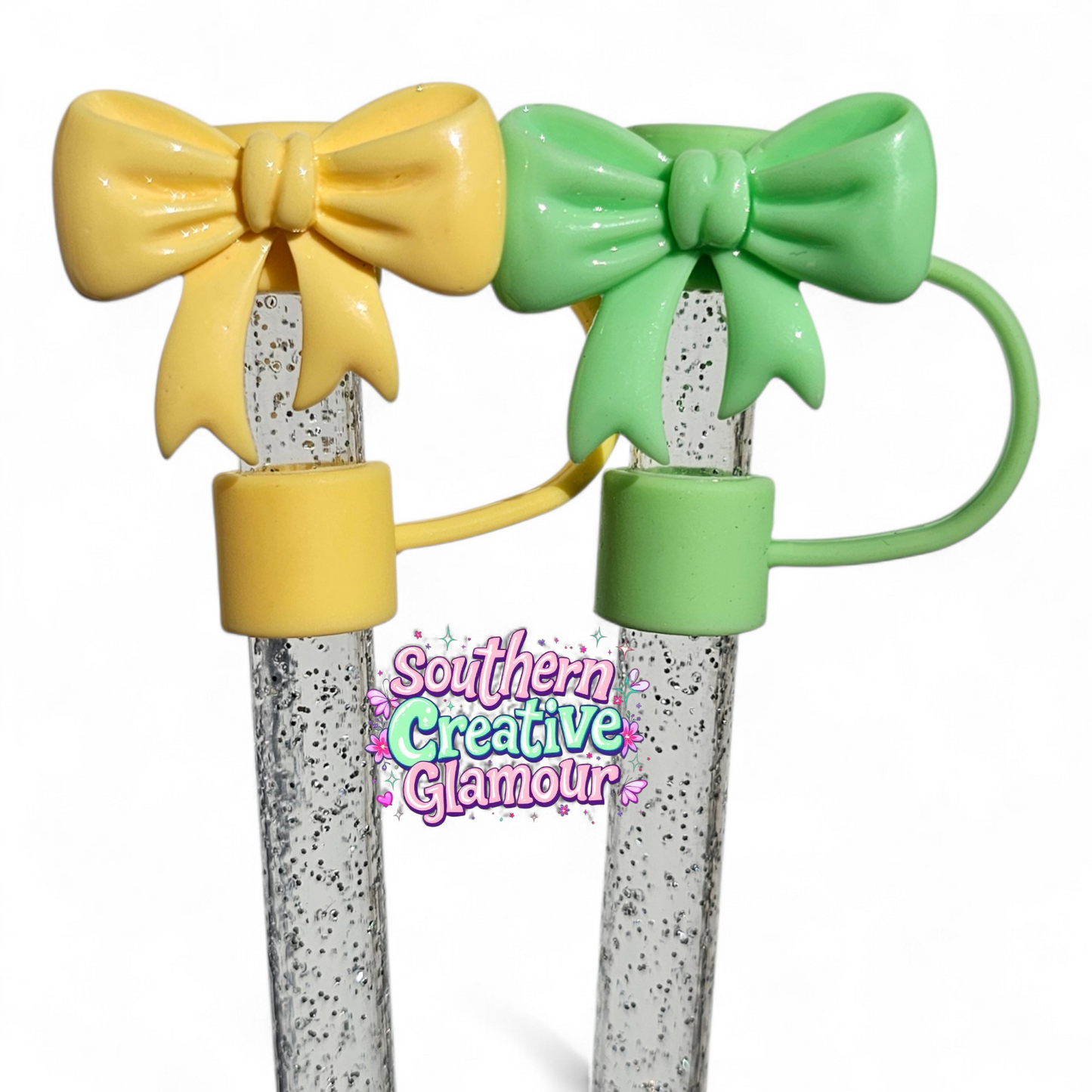 Yellow & Green Coquette Ribbon Bow 10mm Silicone Straw Topper 