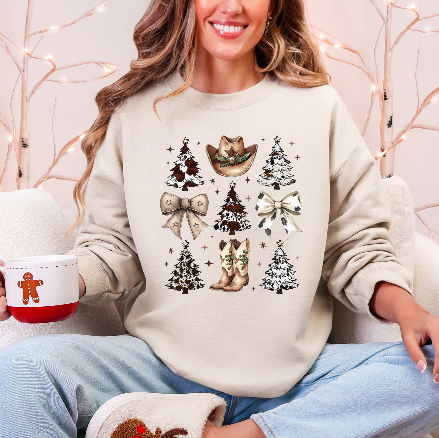 Cream Cowboy Christmas, Western, Christmas Trees, Cowboy Hat, Boots, Western, Country, Santa Sweatshirt