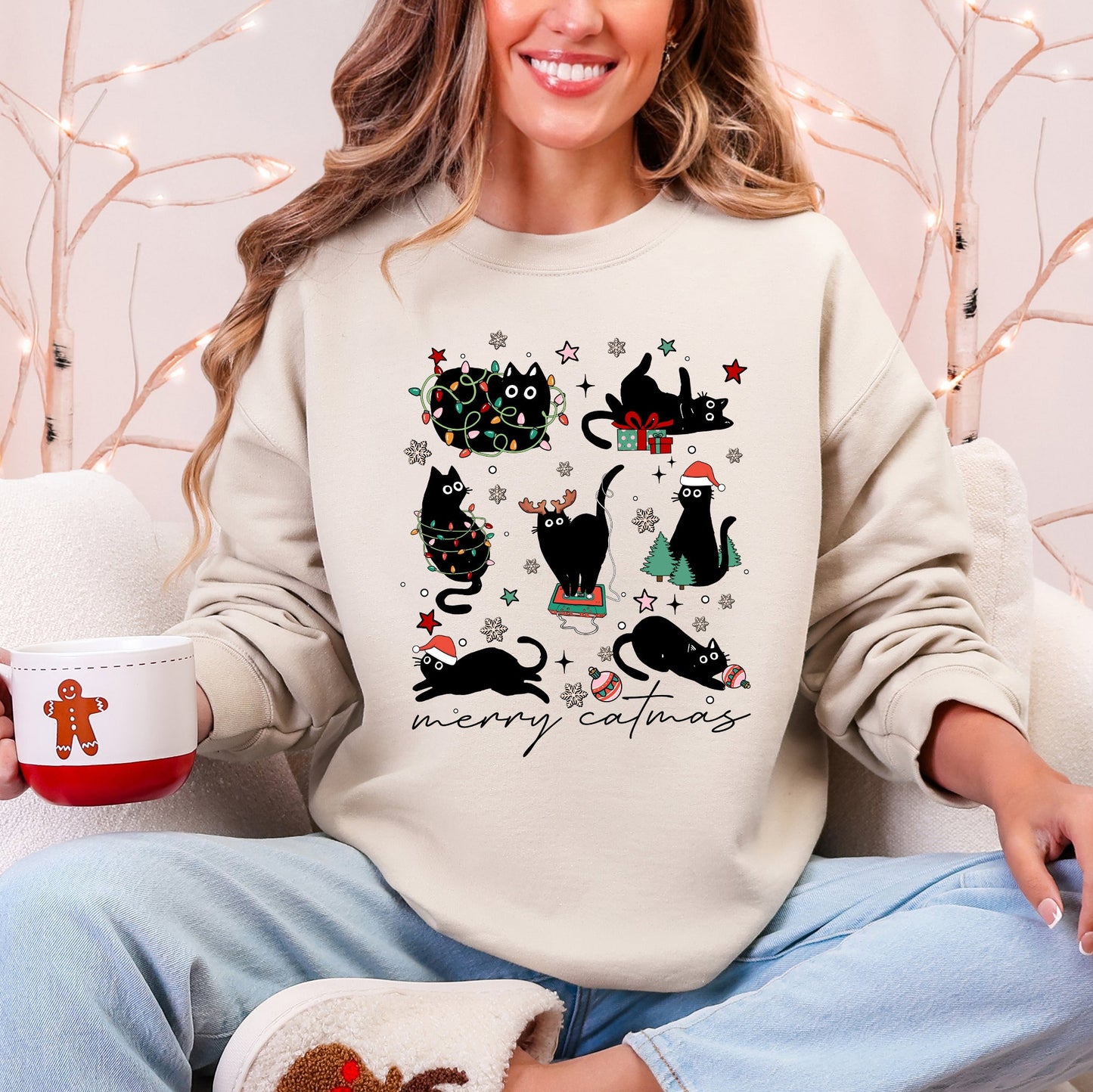 Cream Merry Catmas, Christmas, Cat Lover, Santa, Pets Sweatshirt