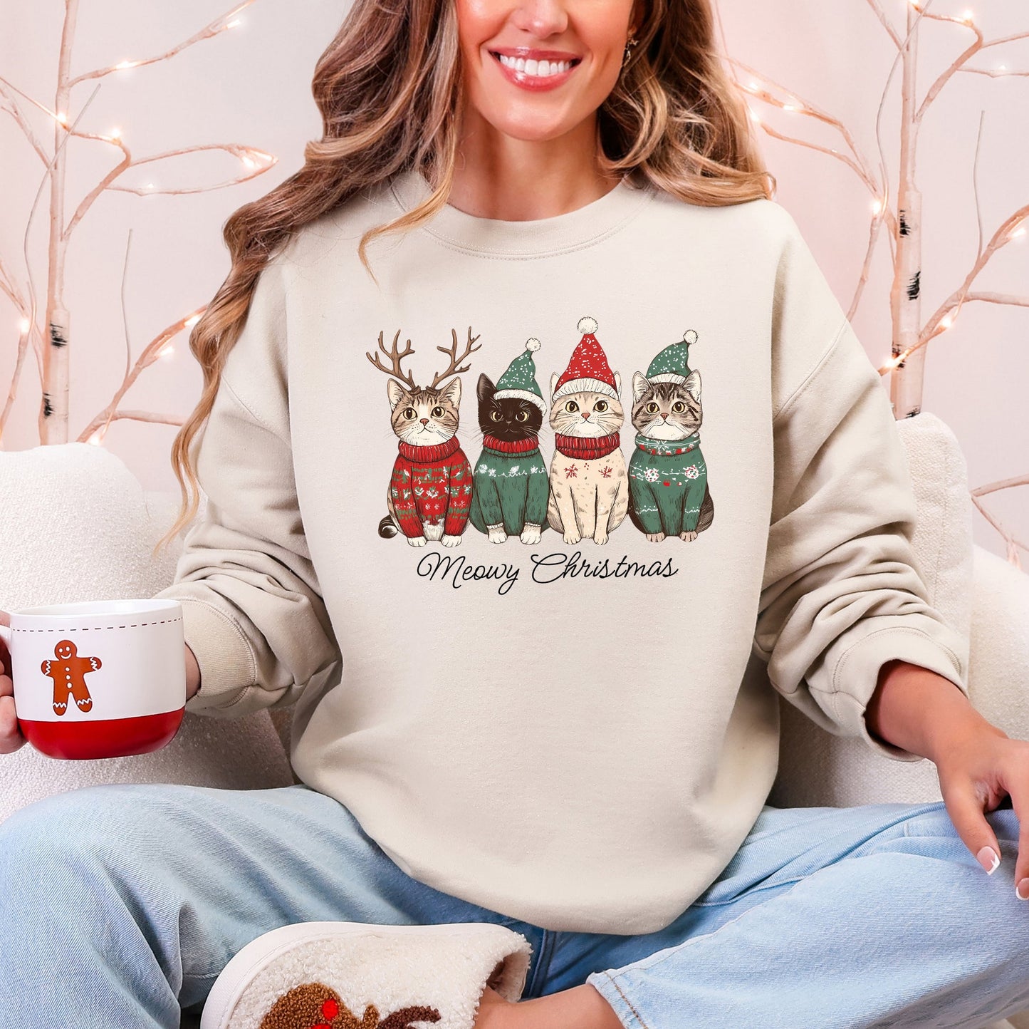 Sand Cream Meowy Christmas, Cats, Cute, Santa, Pets Sweatshirt