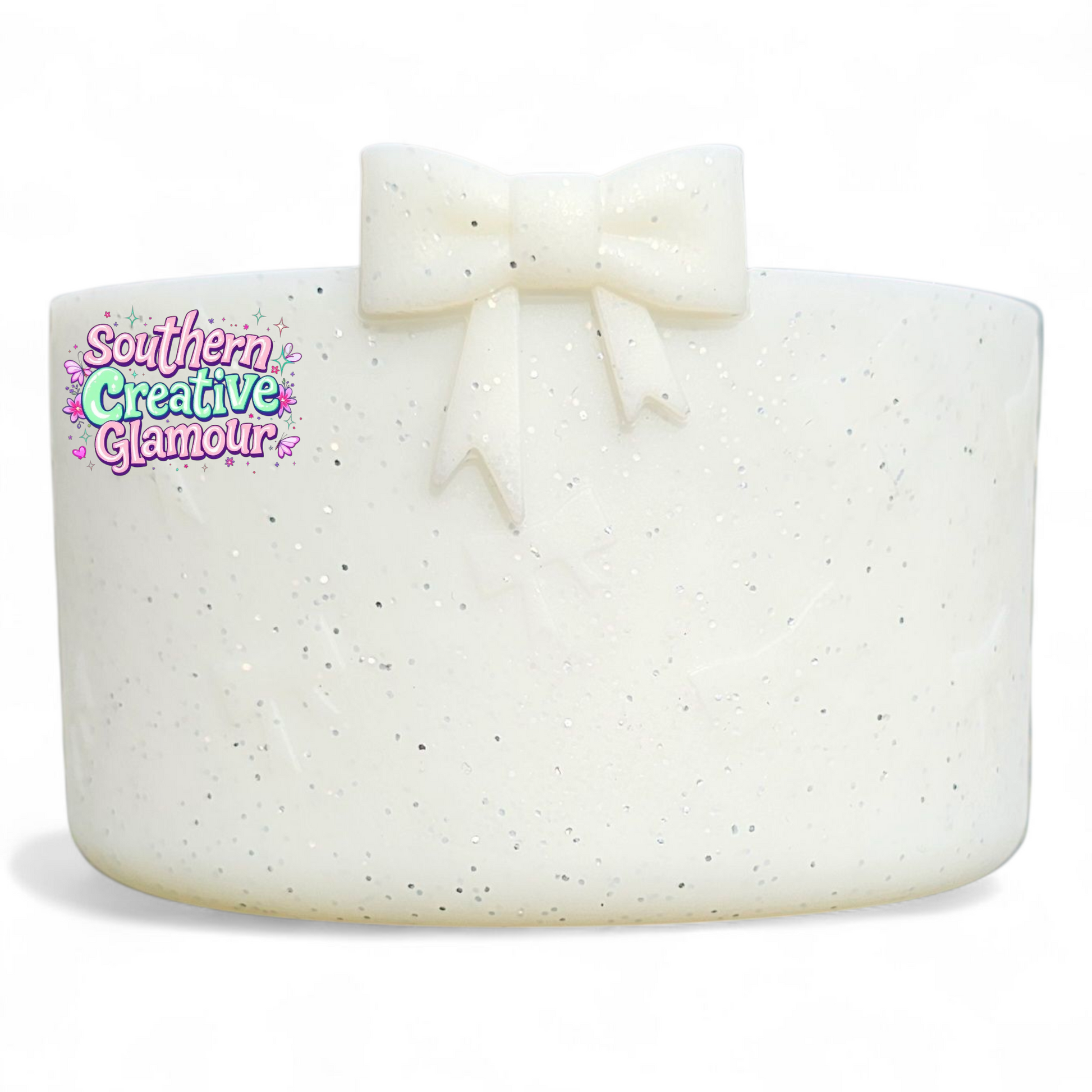 Creamy White glitter ribbon bow textured 3D silicone tumbler boot by Southern Creative Glamour 
