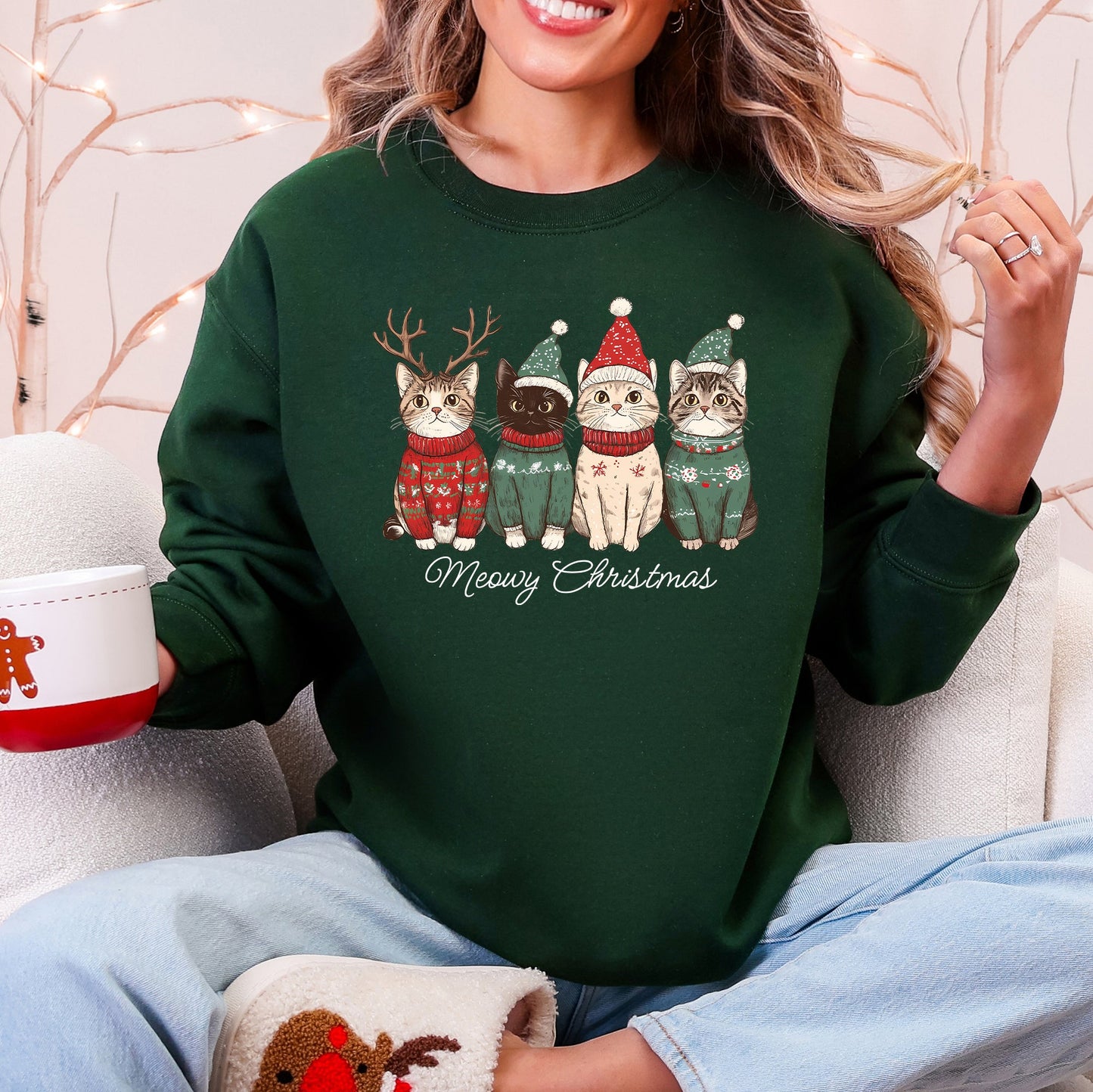 Dark Forest Green Meowy Christmas, Cats, Cute, Santa, Pets Sweatshirt