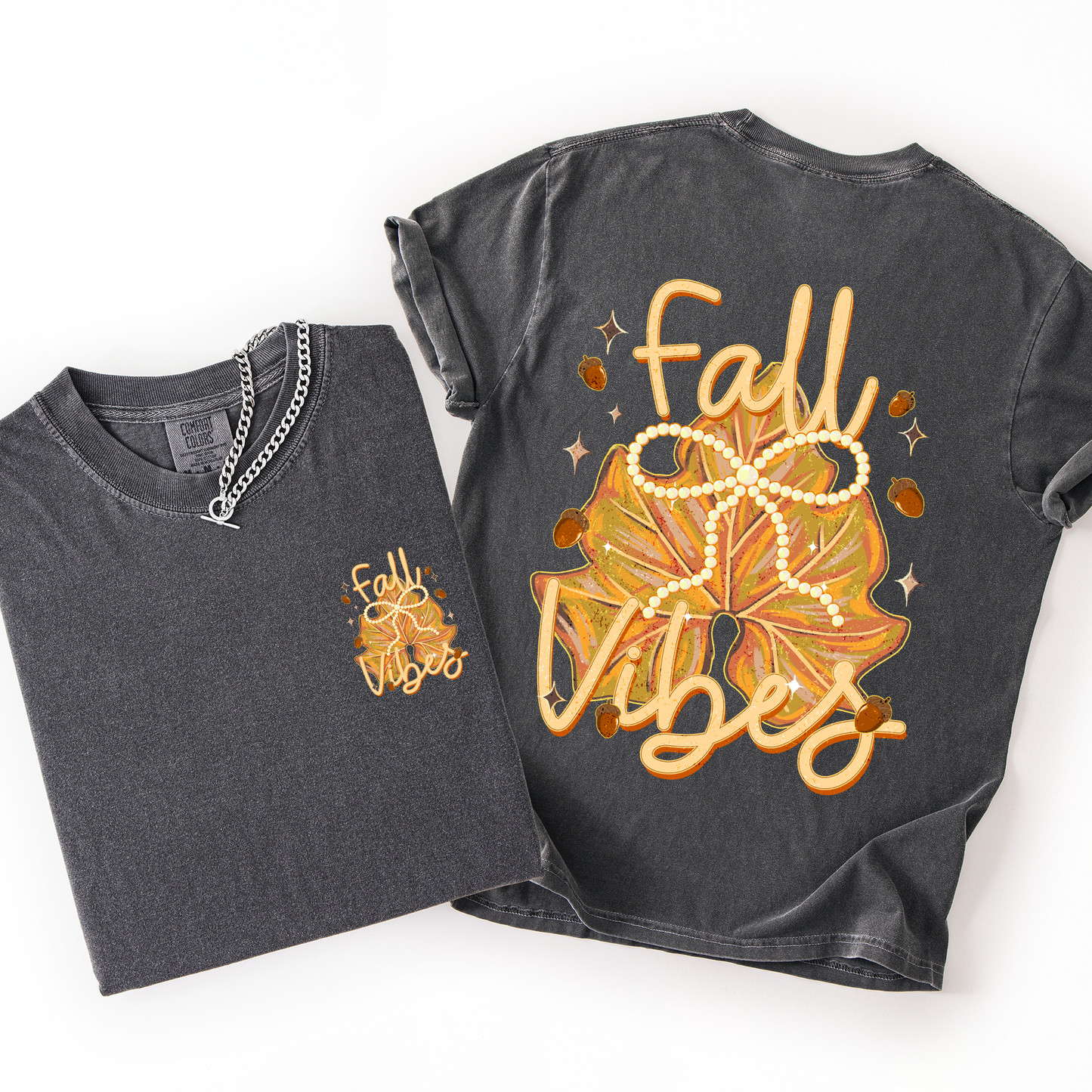 Dark pepper gray and orange Fall Vibes, Coquette, Front and Back, Leaves, Autumn, Comfort Colors T-Shirt