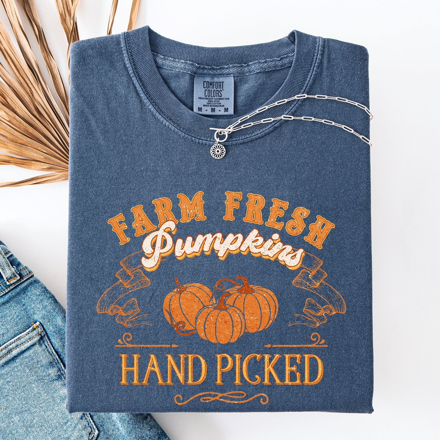 Denim blue and orange Farm Fresh Pumpkins, Hand Picked, Halloween, Fall, Autumn, Farm, Comfort Colors T-Shirt