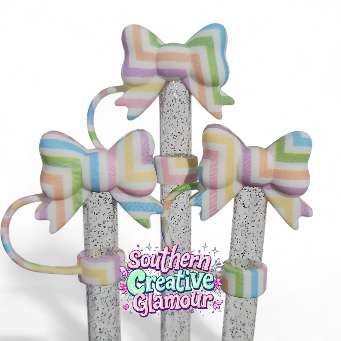 Pastel Stripes 3D Bow 10mm Silicone Straw Topper by Southern Creative Glamour 