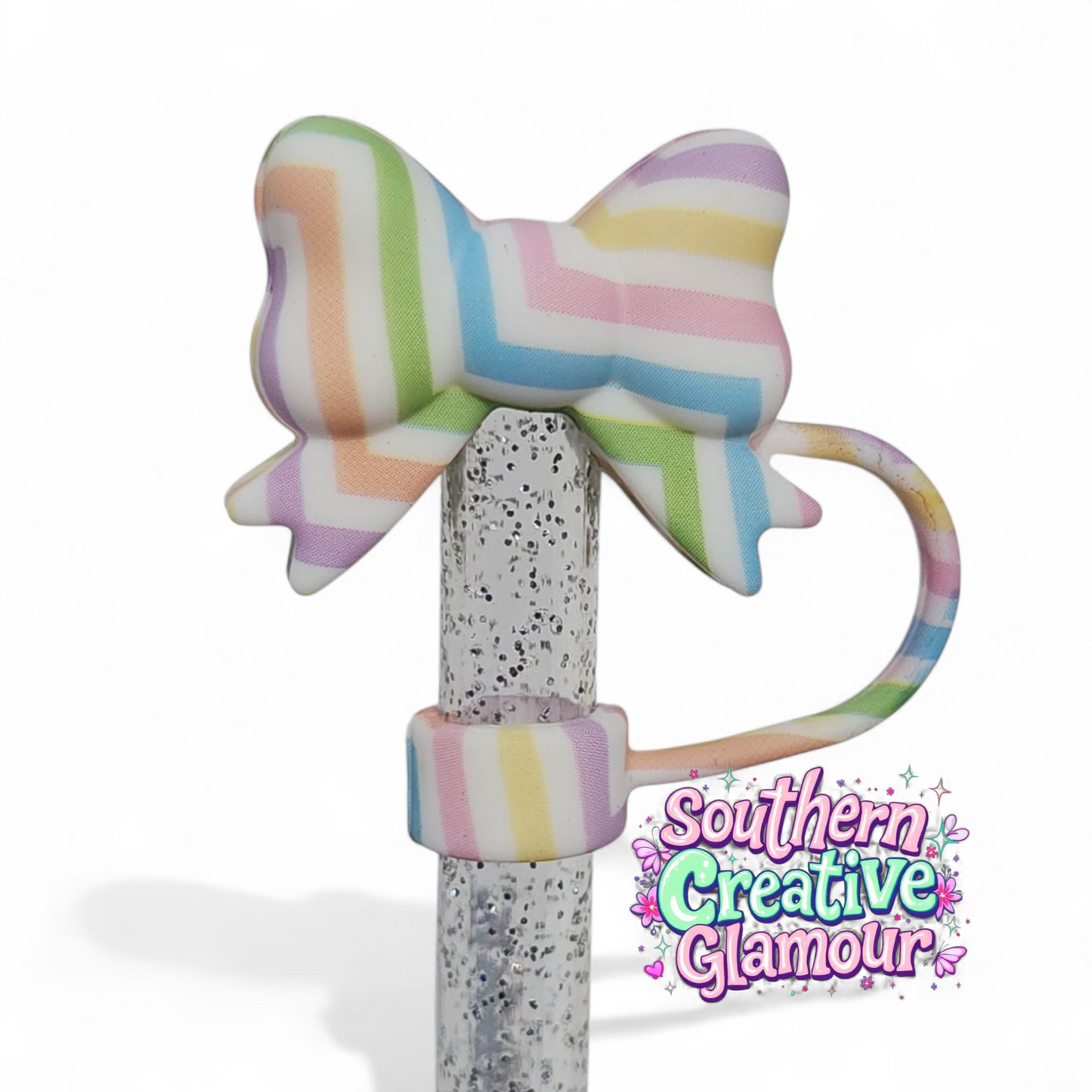 Pastel Stripes 3D Bow 10mm Silicone Straw Topper by Southern Creative Glamour 