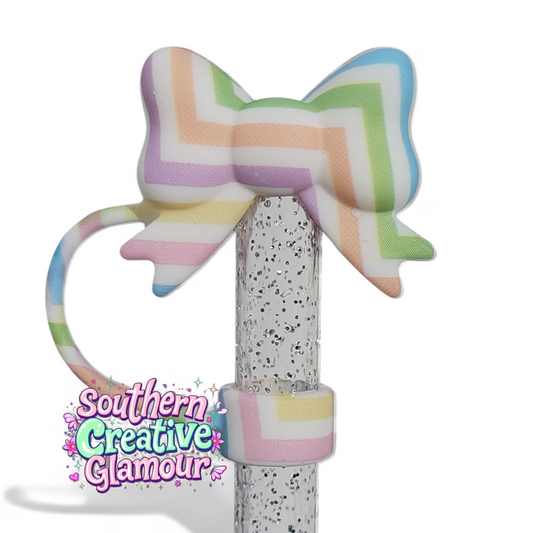 Pastel Stripes 3D Bow 10mm Silicone Straw Topper by Southern Creative Glamour 