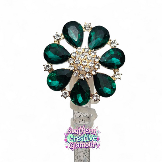 Emerald Green Crystal Flower 10mm Straw Topper | 10mm Straw Cover by Southern Creative Glamour 