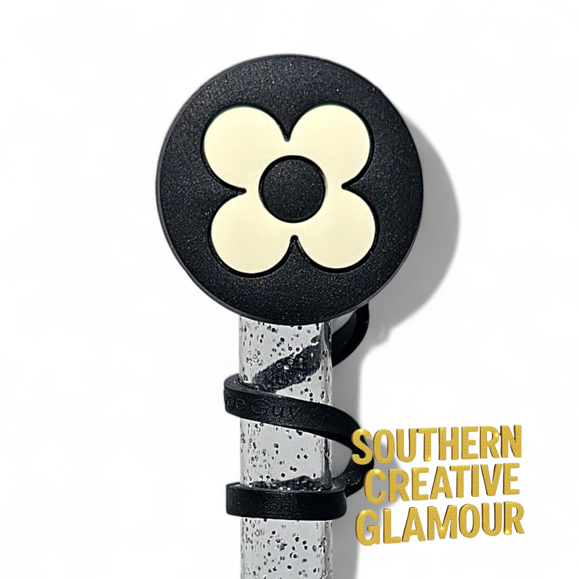LV Flower Black & White Fashion 2D Silicone 10mm Straw Topper by Southern Creative Glamour 