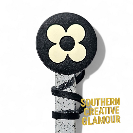 LV Flower Black & White Fashion 2D Silicone 10mm Straw Topper by Southern Creative Glamour 