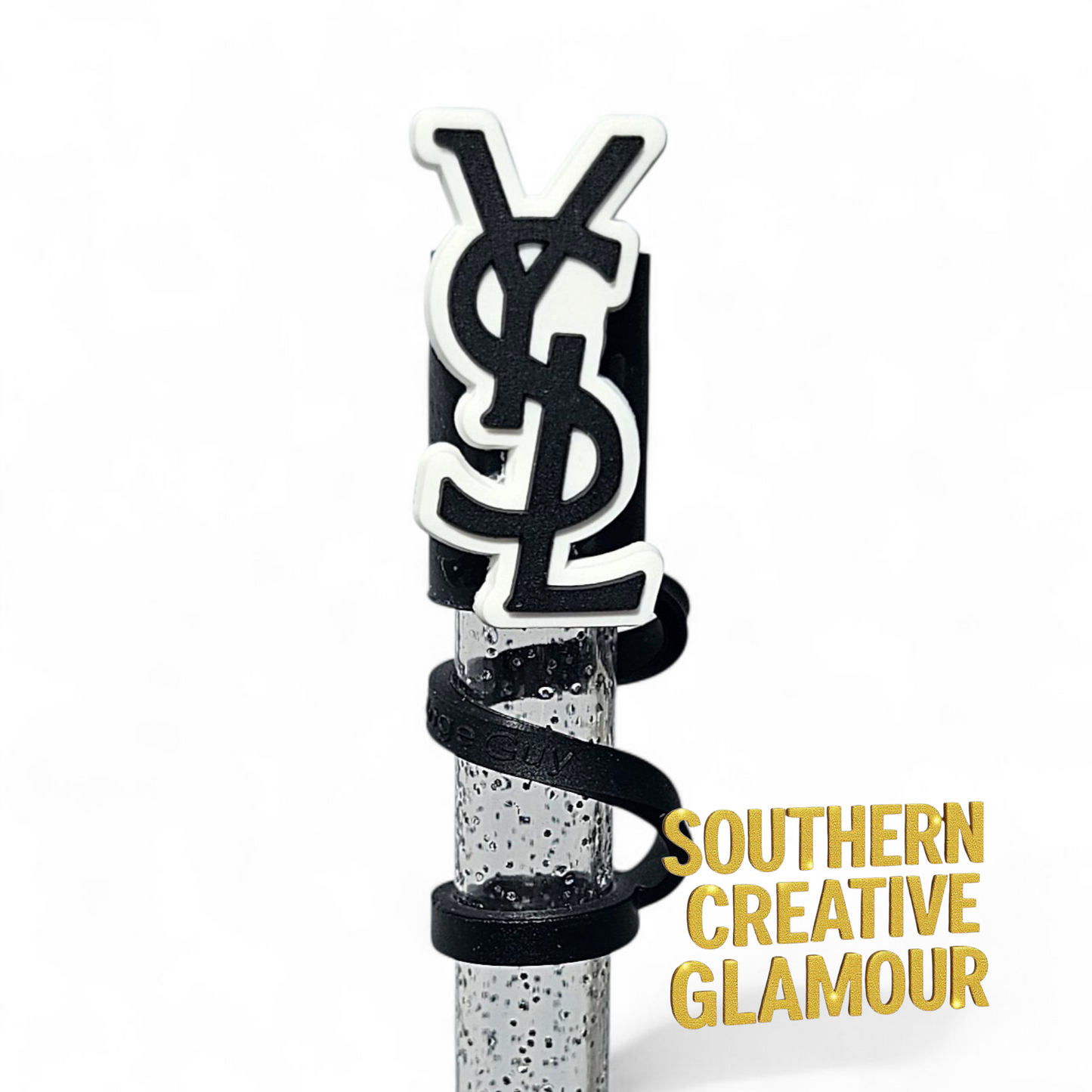 Saint Laurent YSL Black & White Fashion 2D Silicone 10mm Straw Topper by Southern Creative Glamour 