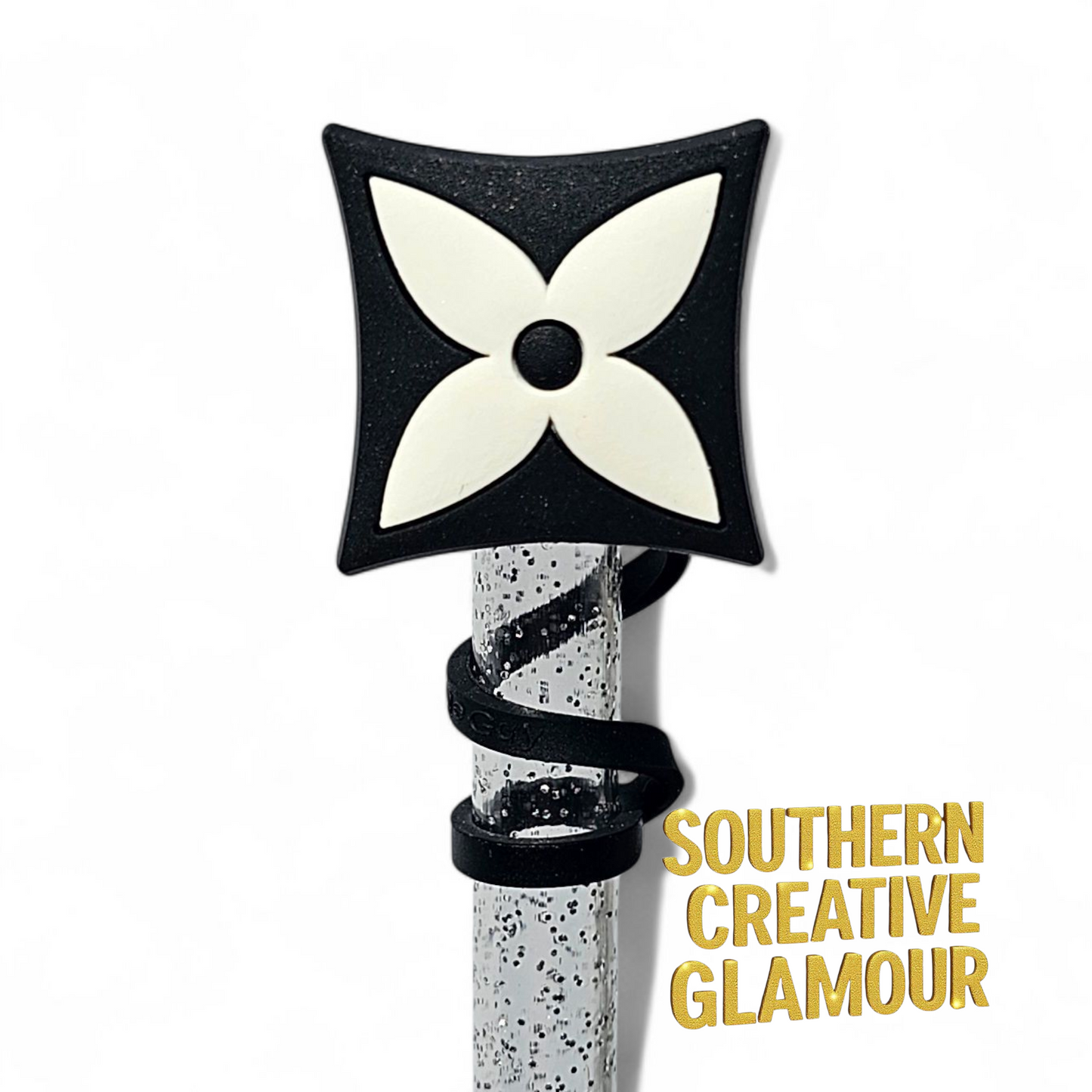 Louis Vuitton " LV " 4 POINT Star Black & White Fashion 2D Silicone 10mm Straw Topper by Southern Creative Glamour 