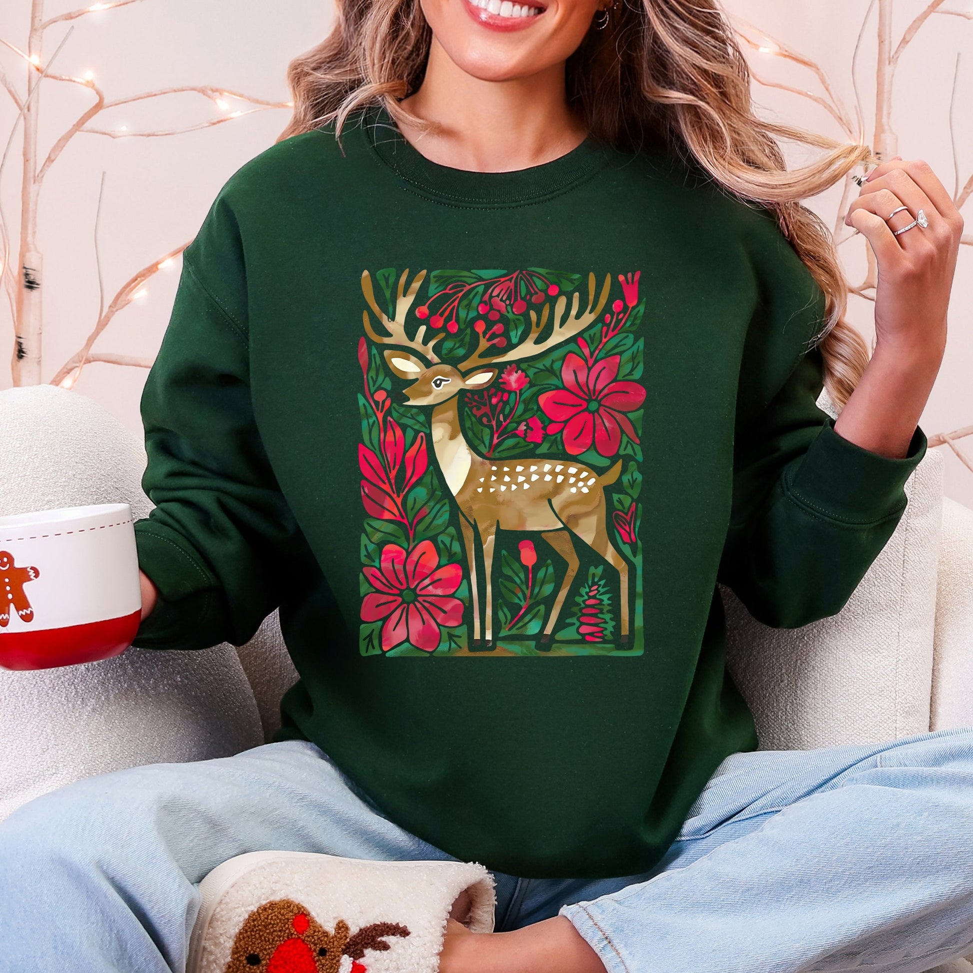Forest Green, red, green Christmas Deer, Colorful, Flowers, Santa, Snow Sweatshirt