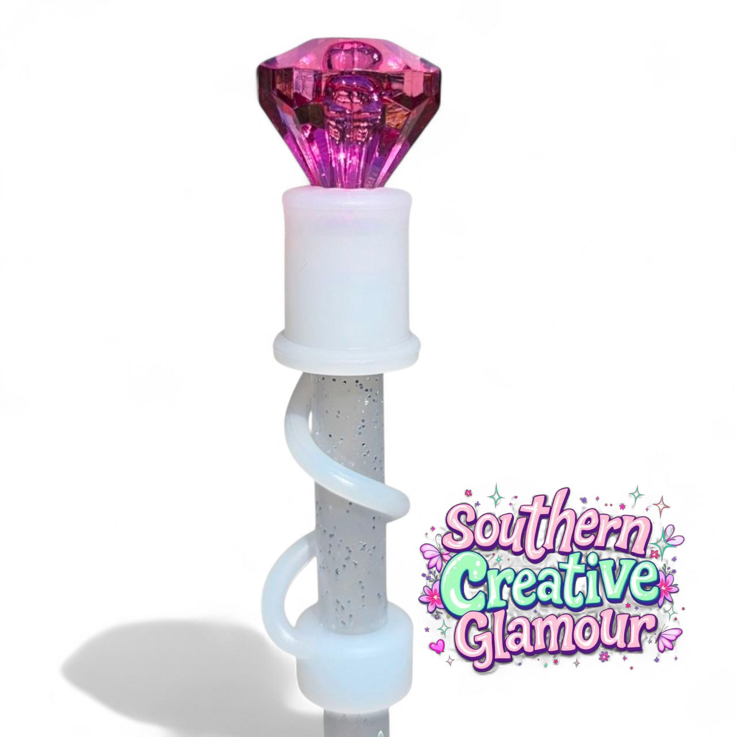Fuchsia Pink Diamond  | Semi-transparent Silicone 3D Straw Topper | Straw Cover by Southern Creative Glamour 