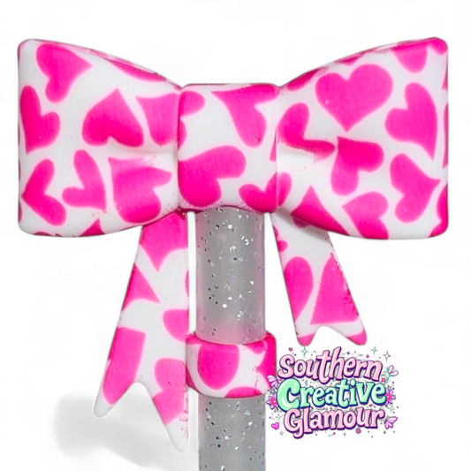 Fuchsia Pink Heart 3D Bow Silicone 10mm Straw Topper | Straw Cover by Southern Creative Glamour 