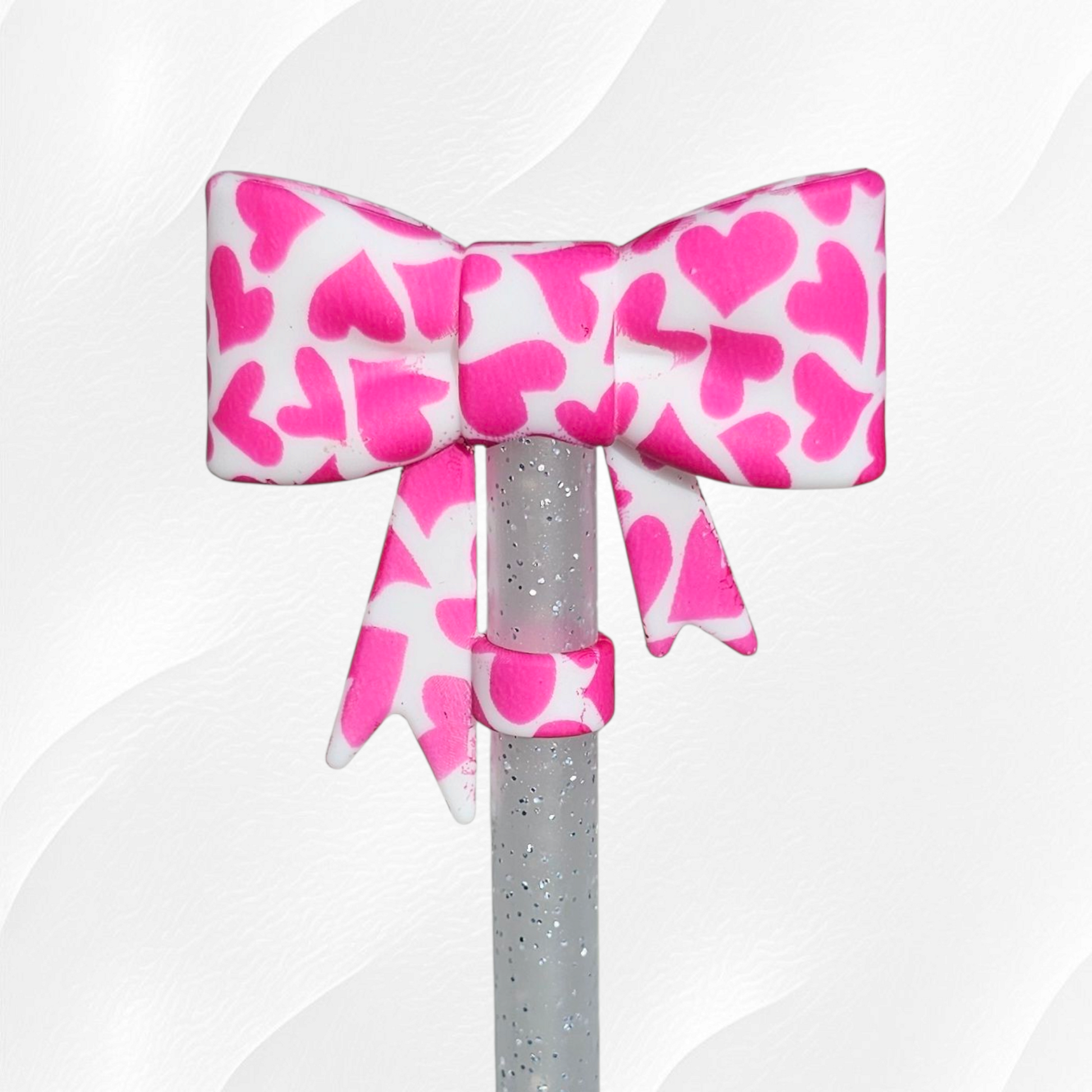 Fuchsia Pink Heart 3D Silicone Ribbon Bow Silicone Straw Topper 