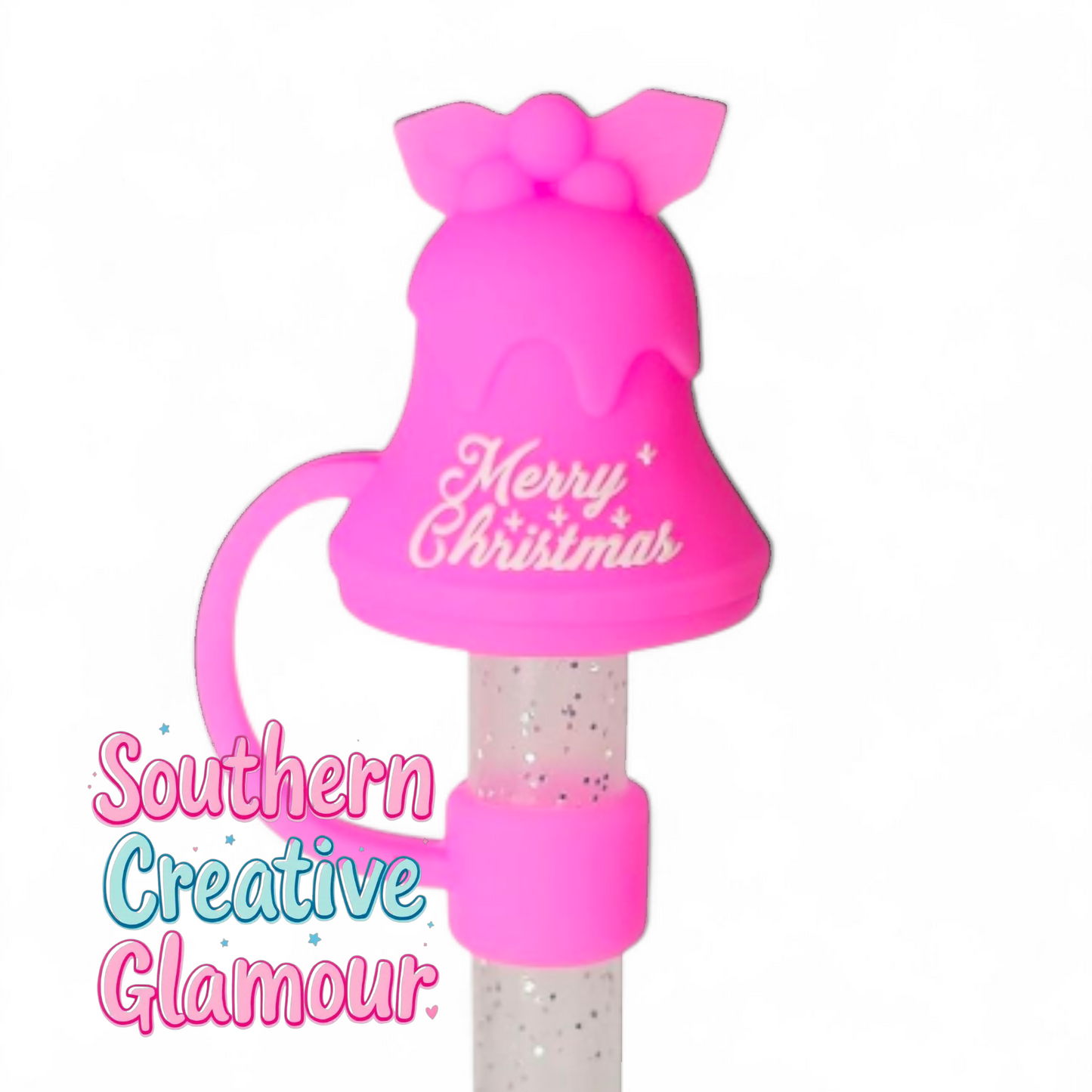Fuchsia Pink Merry Christmas Jingle Bell 3D Silicone 10mm Straw Topper by Southern Creative Glamour 