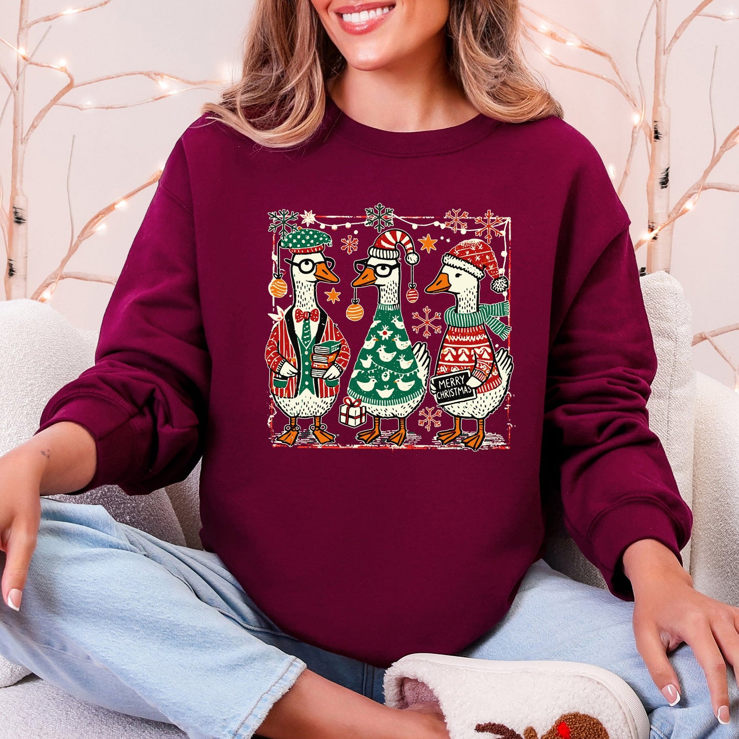 Maroon Christmas Geese, Funny, Adorable, Cute, Retro Sweatshirt