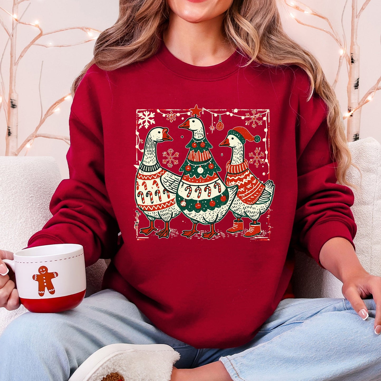 Garnet Red Christmas Geese, Sweaters, Funny, Adorable, Cute, Retro Sweatshirt