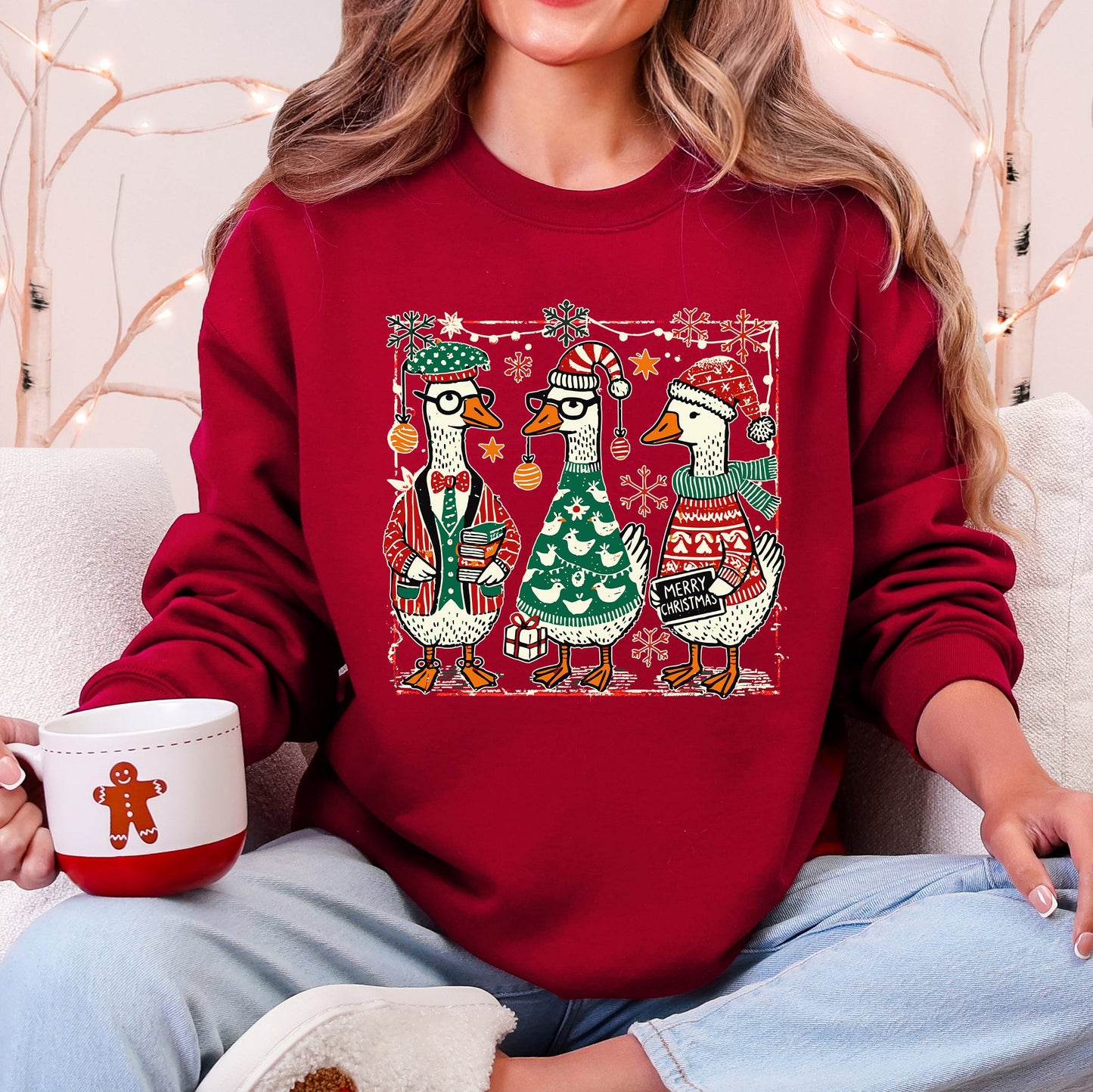 Garnet Red Christmas Geese, Funny, Adorable, Cute, Retro Sweatshirt