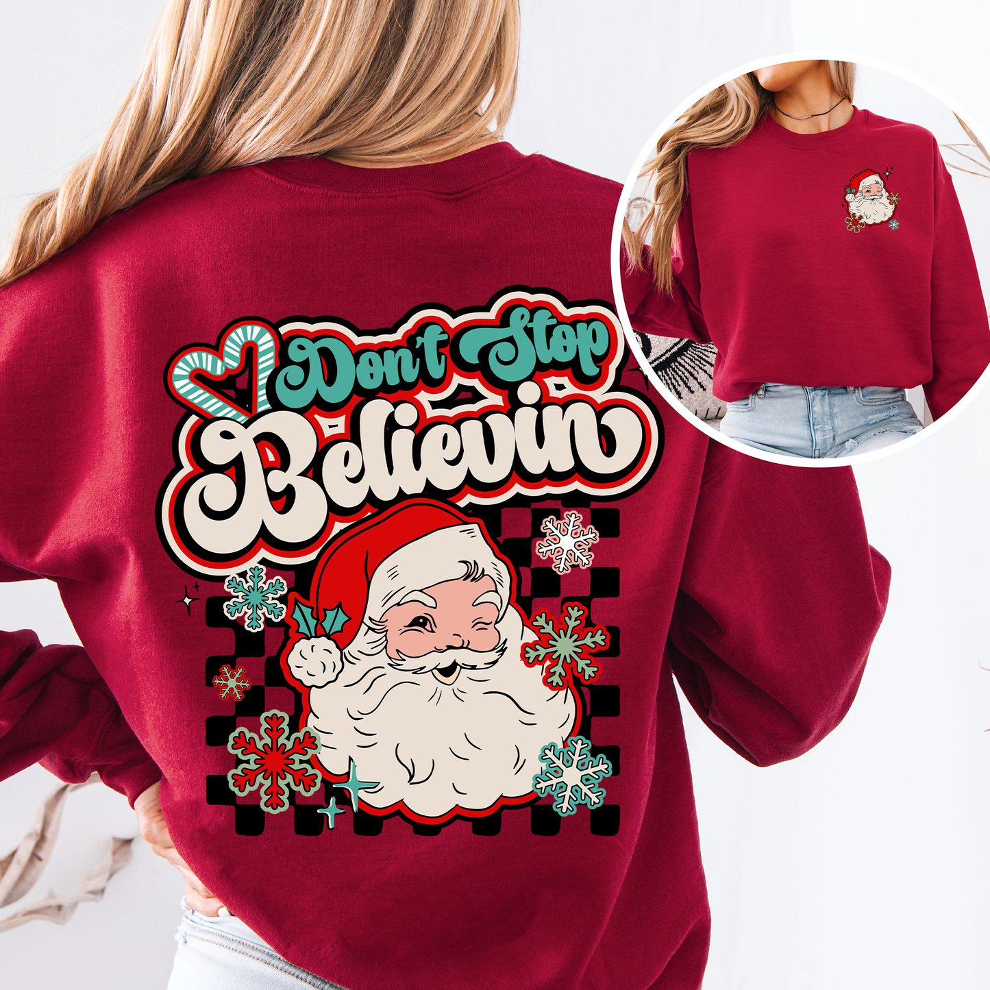 Garnet Red Don't Stop Believin, Santa, Retro, Checkered, Christmas, Front and Back Sweatshirt