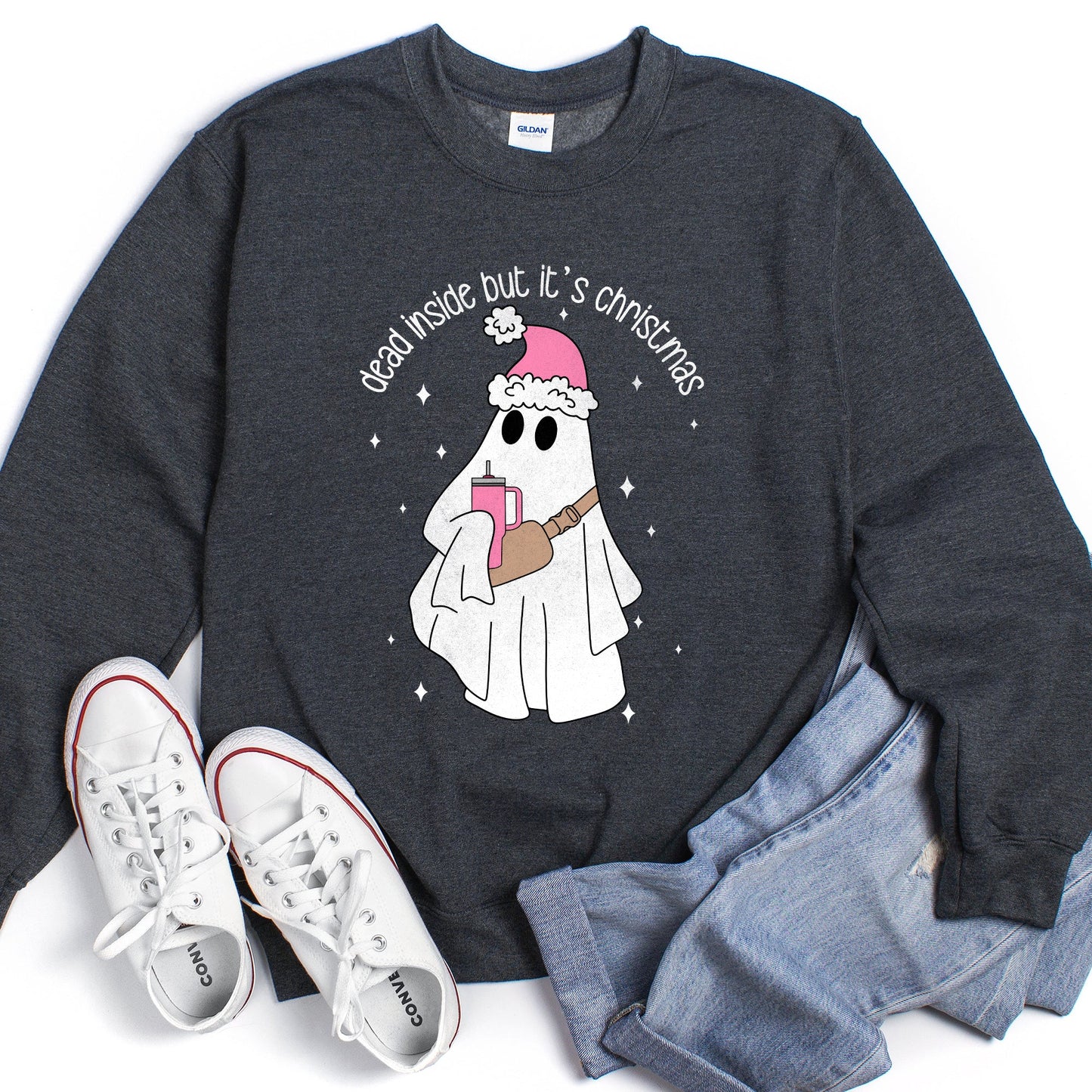 Heather dark gray ghost Dead Inside But It's Christmas Sweatshirt