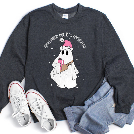 Heather dark gray ghost Dead Inside But It's Christmas Sweatshirt
