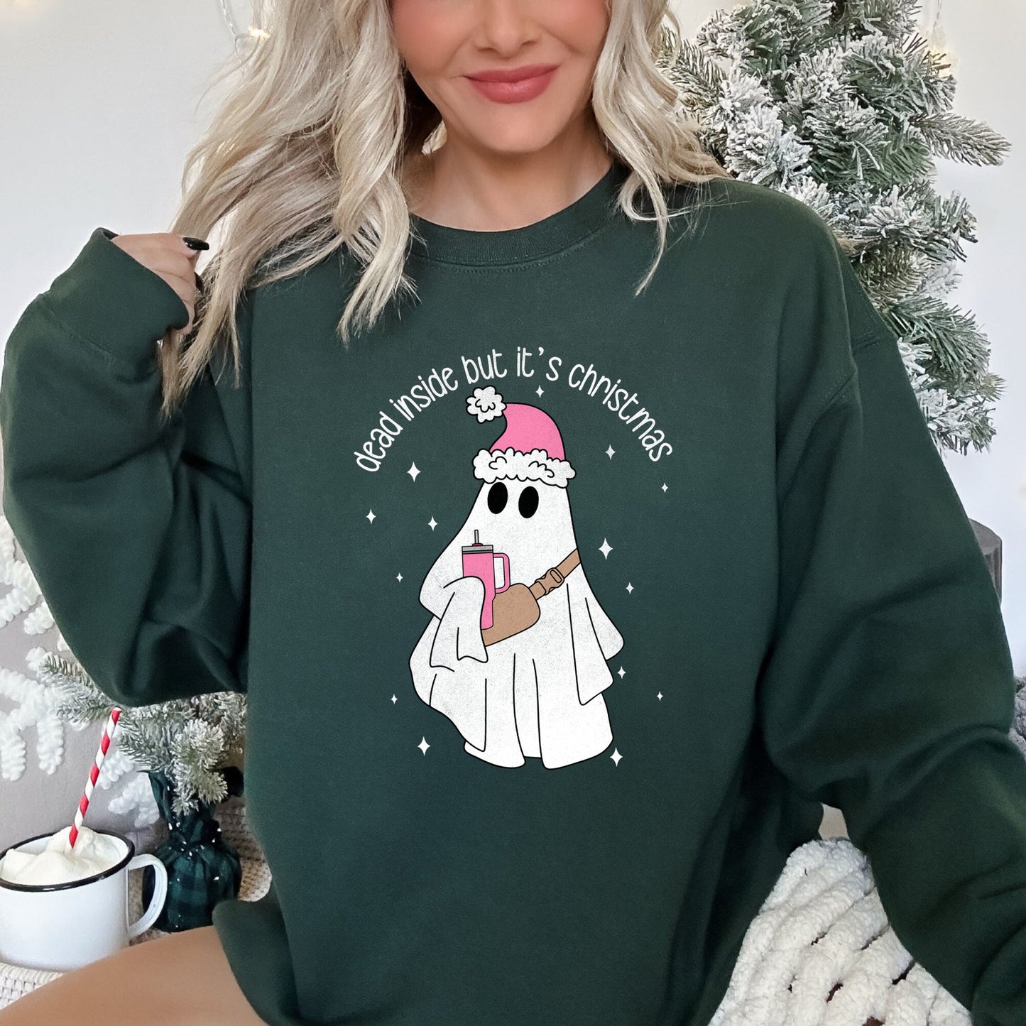 Forest Green Ghost Dead Inside But It's Christmas Sweatshirt