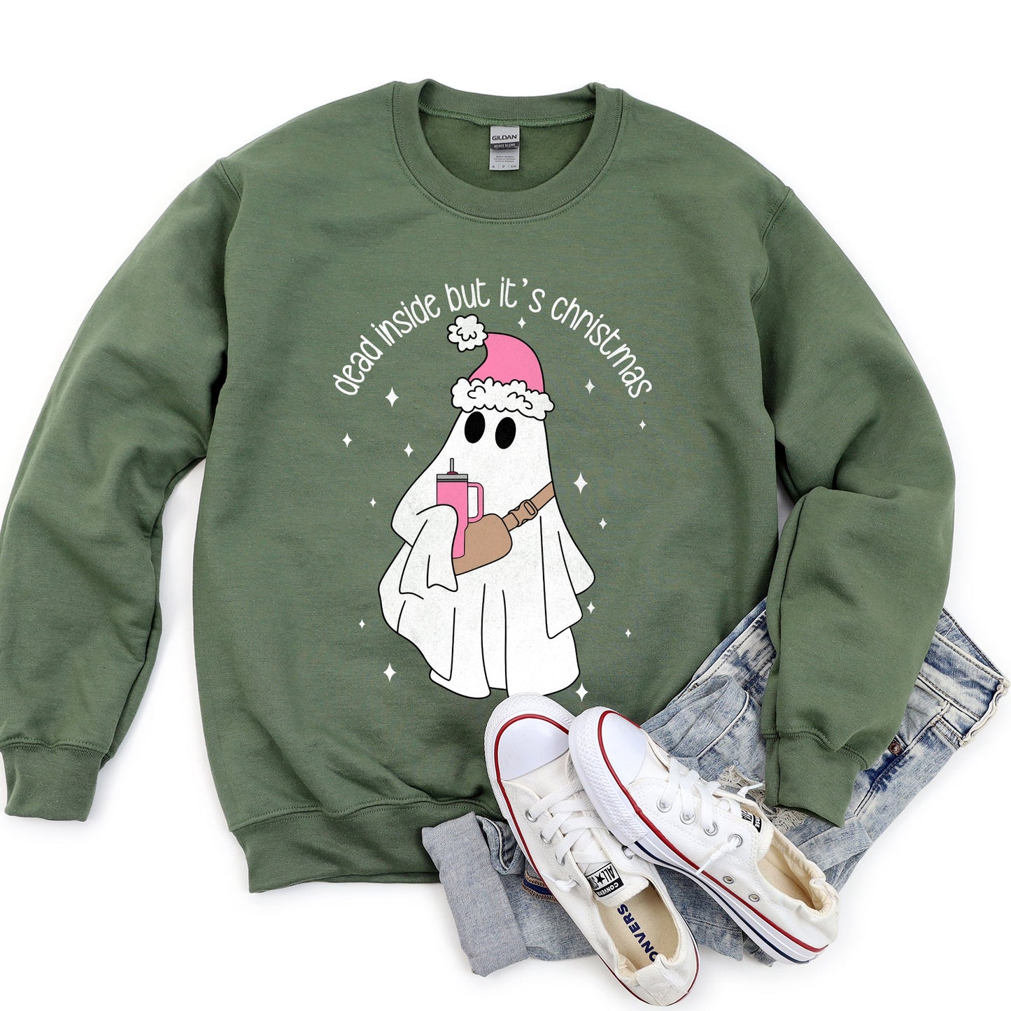 Military green Dead Inside But It's Christmas Sweatshirt