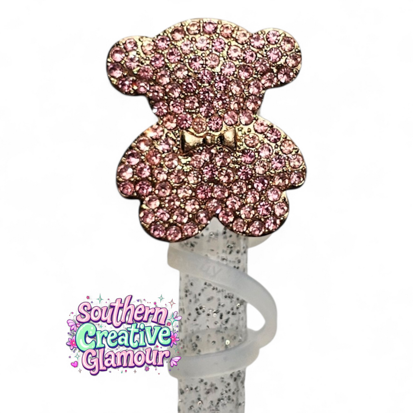 Antique Pink Diamond Teddy Bear 10mm Straw Topper by Southern Creative Glamour 